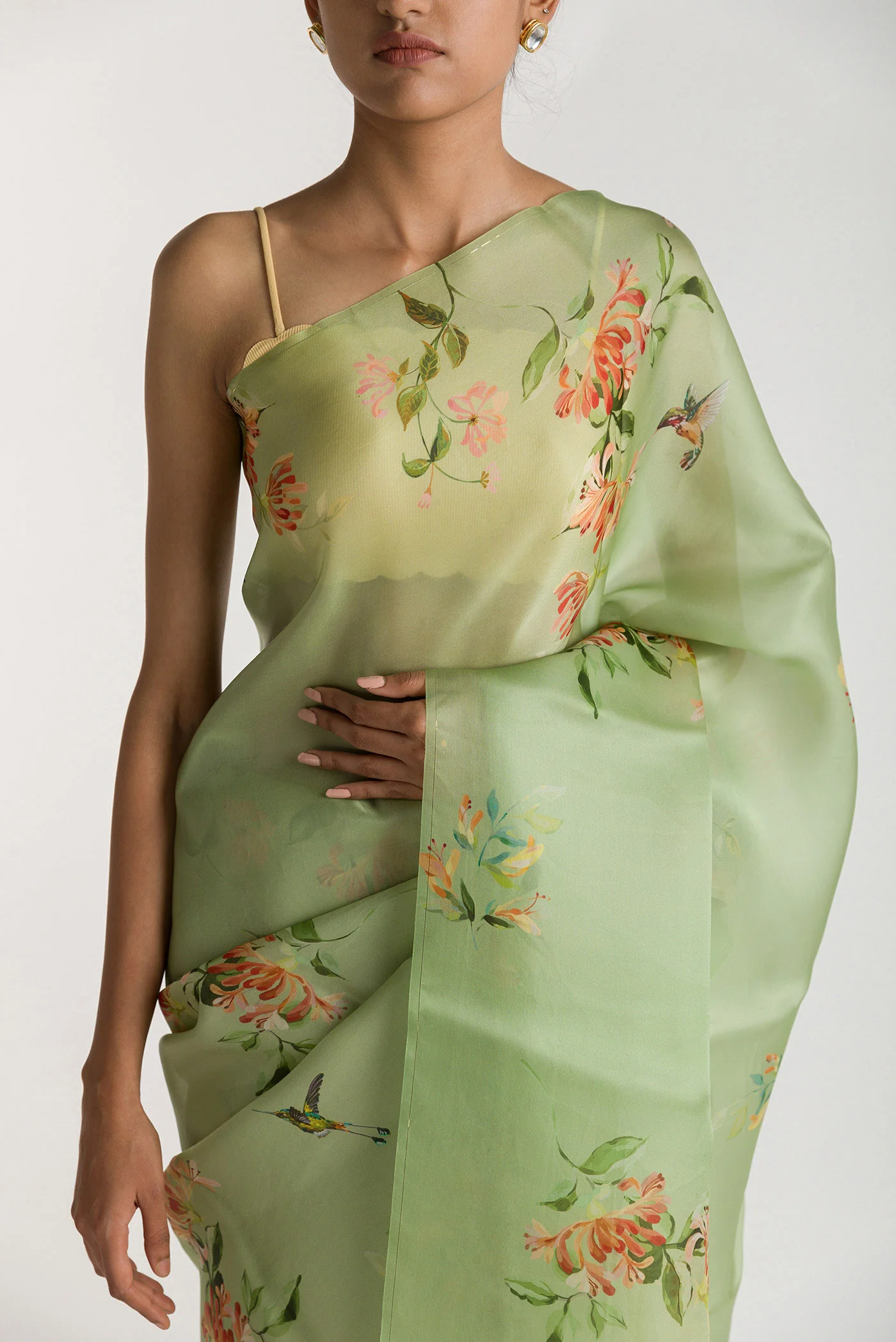 Humming Hovers-Pista Green Satin Organza Saree - Image 2