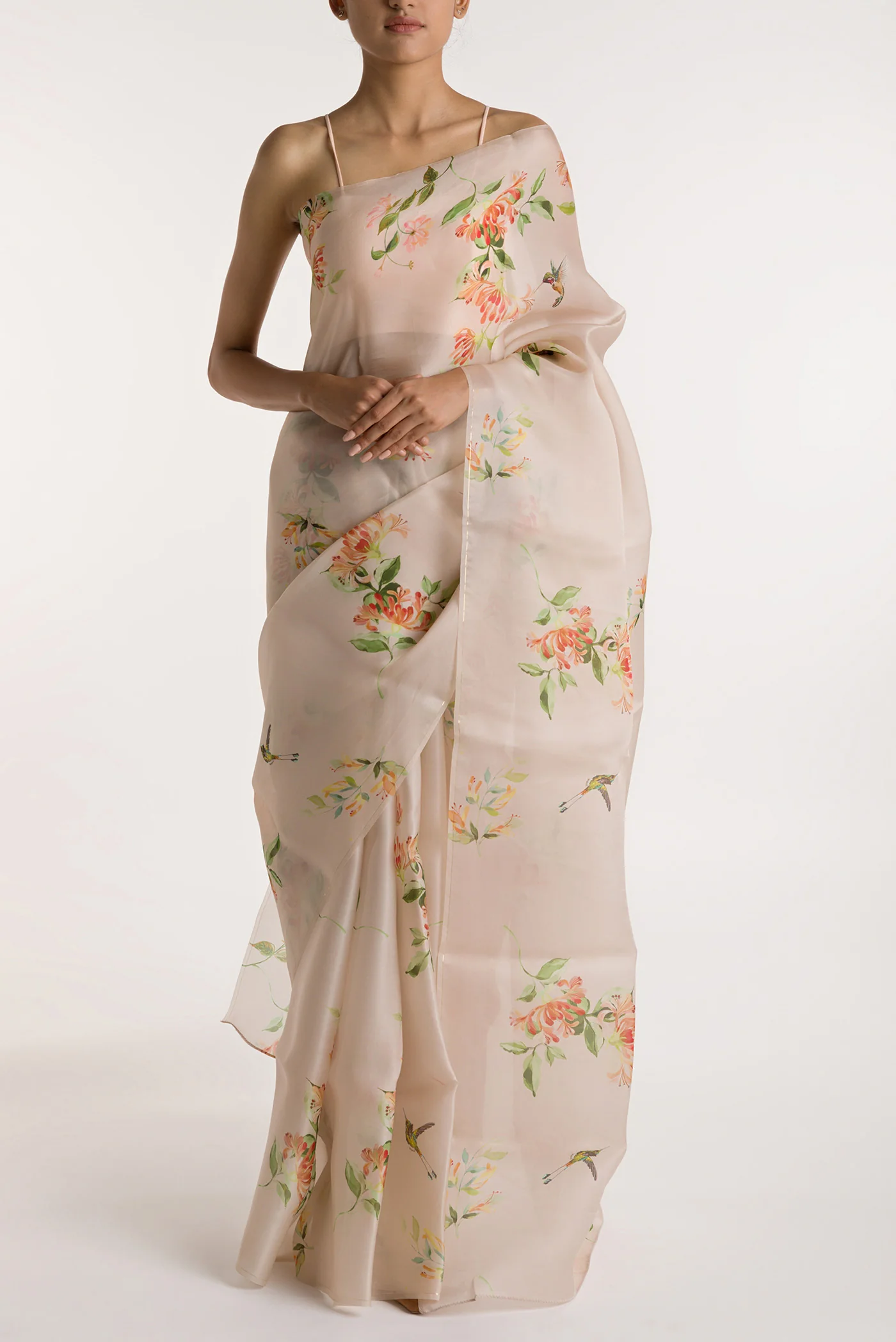 Humming Hovers-White Satin Organza Saree