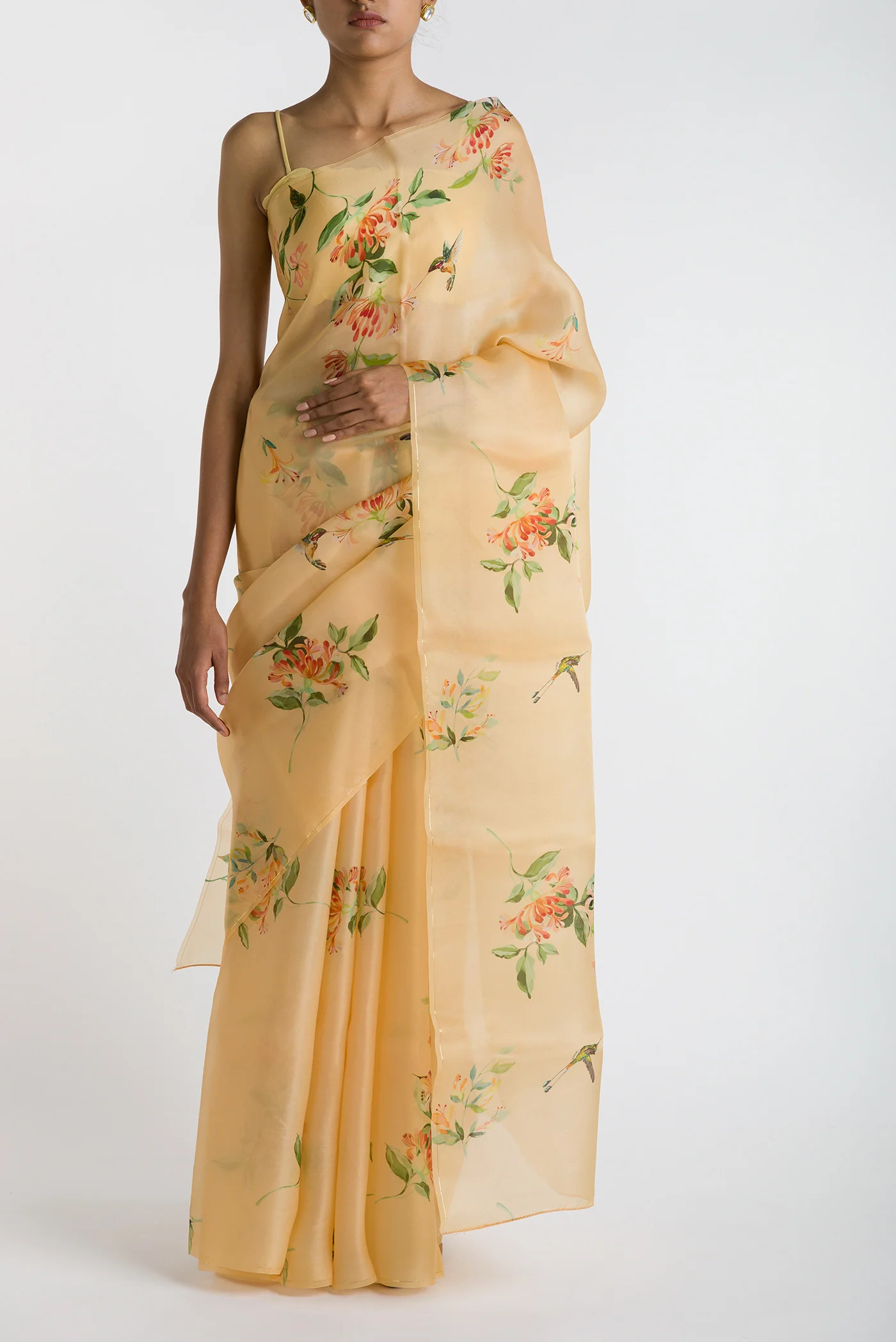 Humming Hovers-Yellow Satin Organza Saree