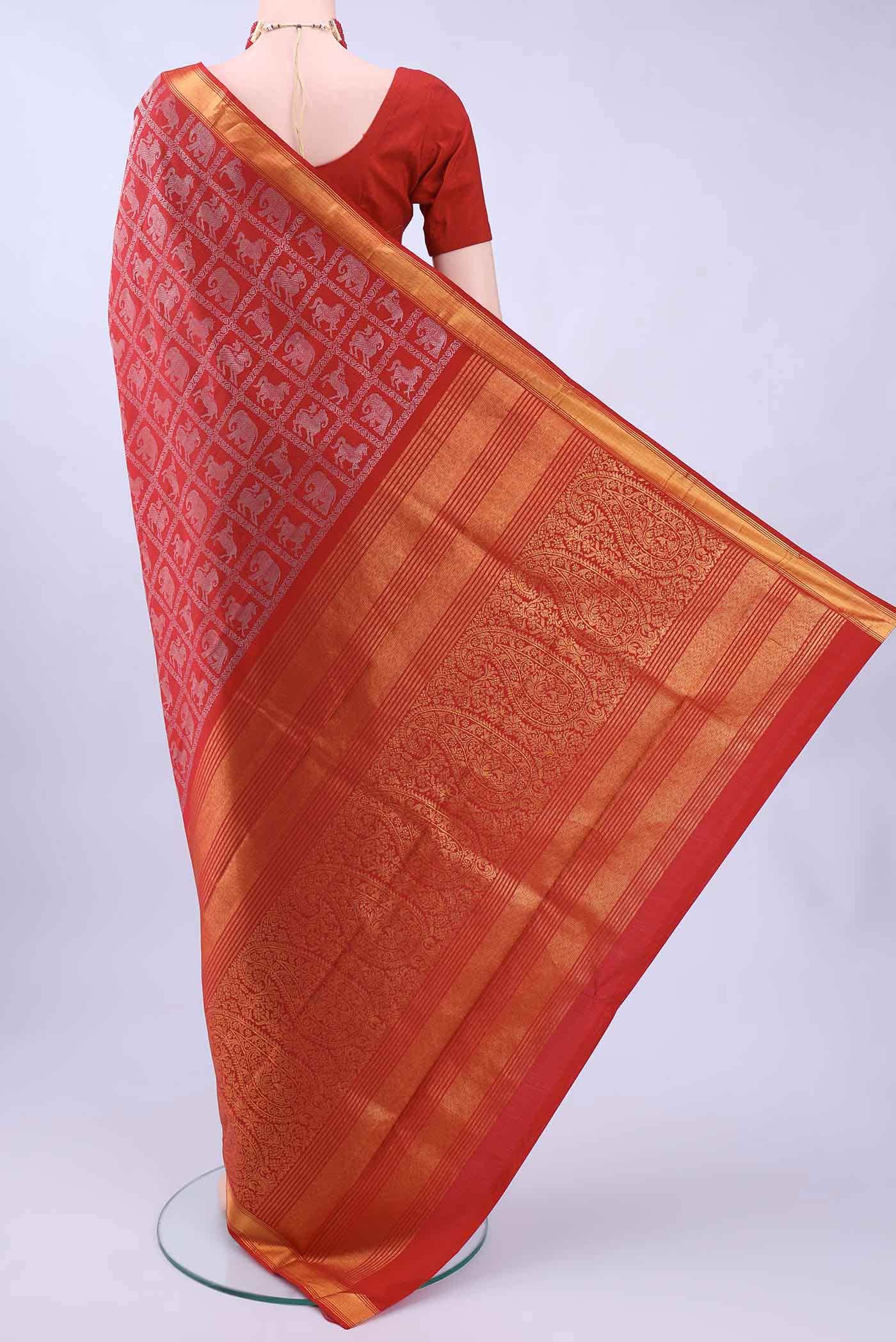 Pure Silk Pure Zari Imperial Red Dual Tone Kanjivaram Saree - Image 2