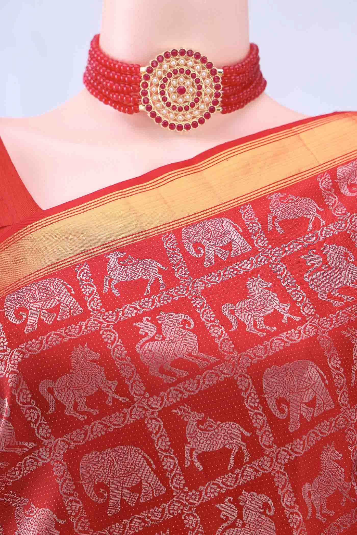 Pure Silk Pure Zari Imperial Red Dual Tone Kanjivaram Saree - Image 3