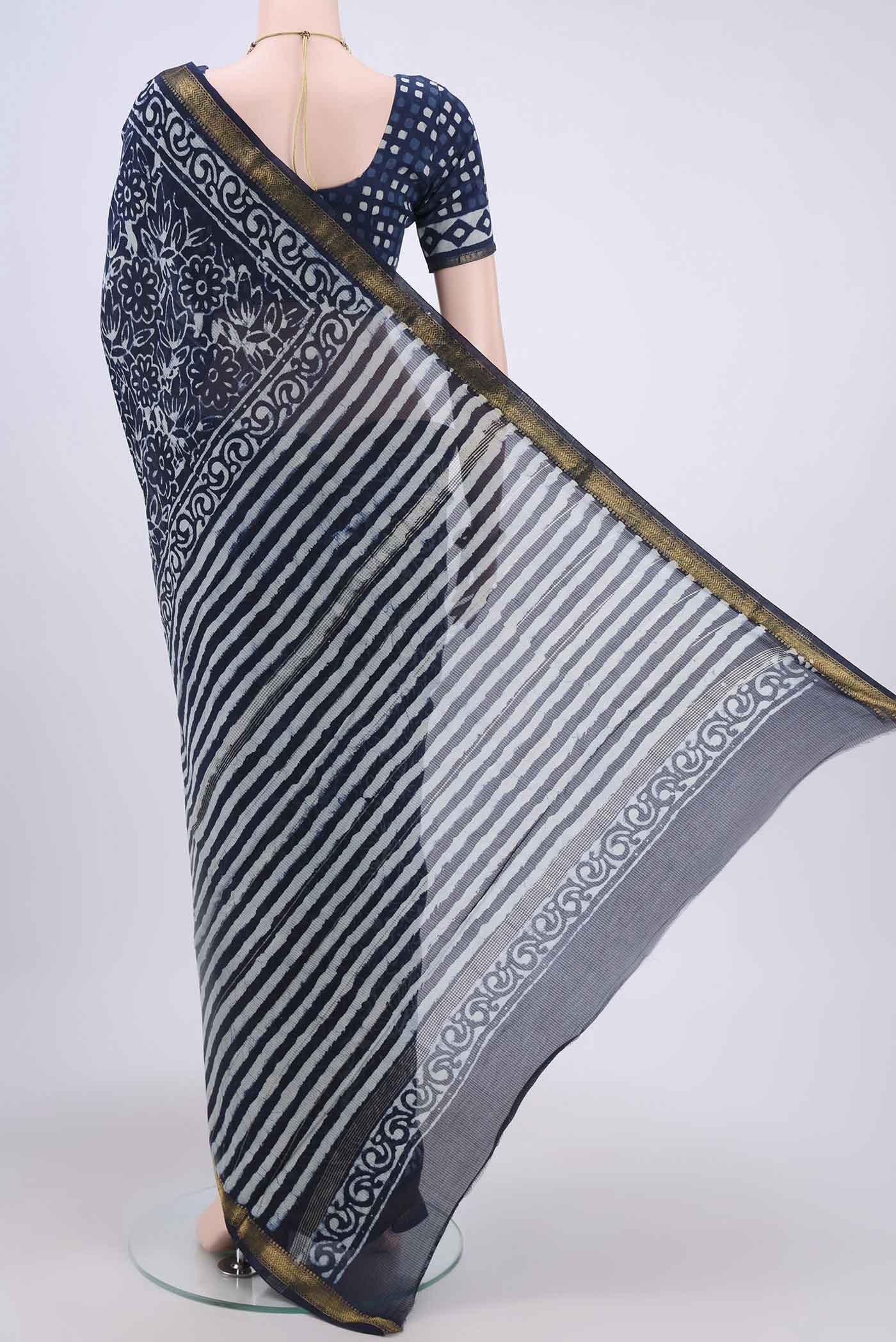 Indigo Maheshwari Silk Cotton Saree - Image 3