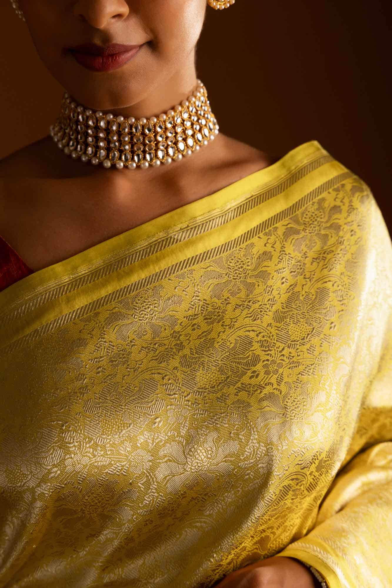 Japanese Tea Ceremony-Yellow Banarasi Silk Saree - Image 3