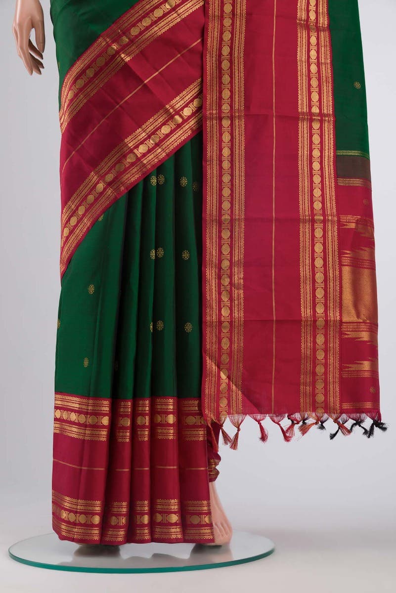 Kamala-Pure Silk Pure Gold Zari Green Kanchipuram Saree - Image 10