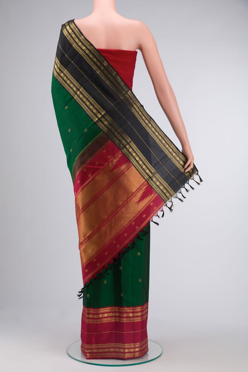 Kamala-Pure Silk Pure Gold Zari Green Kanchipuram Saree - Image 11