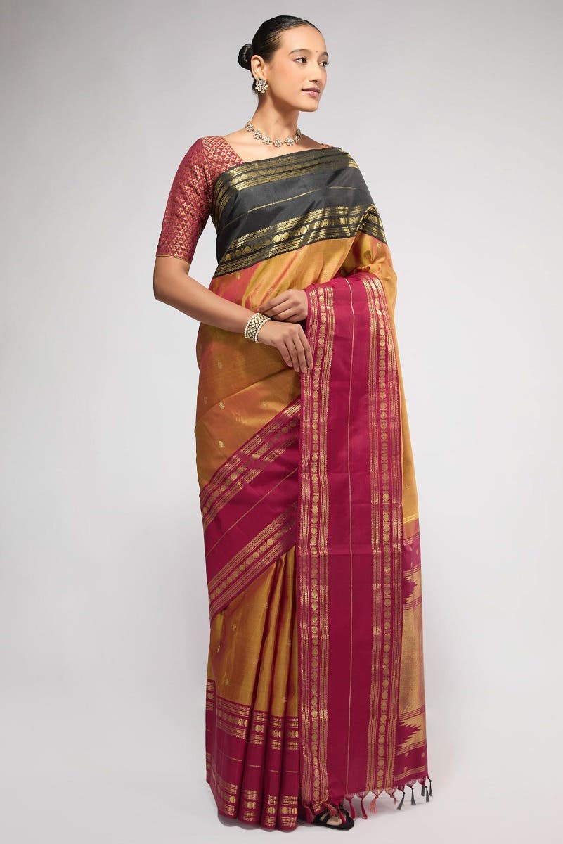 Kamala-Pure Silk Pure Gold Zari Mustard with Red Dual Tone Kanchipuram Saree - Image 10