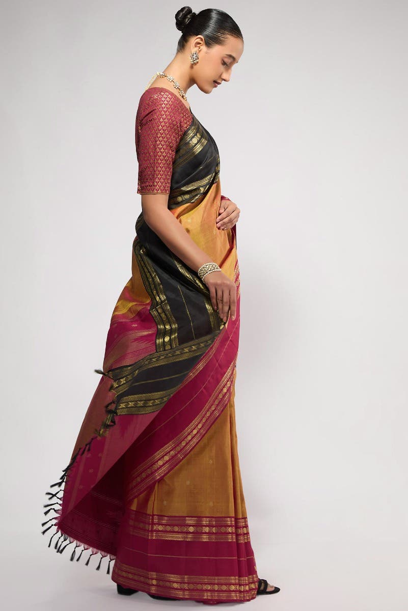 Kamala-Pure Silk Pure Gold Zari Mustard with Red Dual Tone Kanchipuram Saree - Image 11