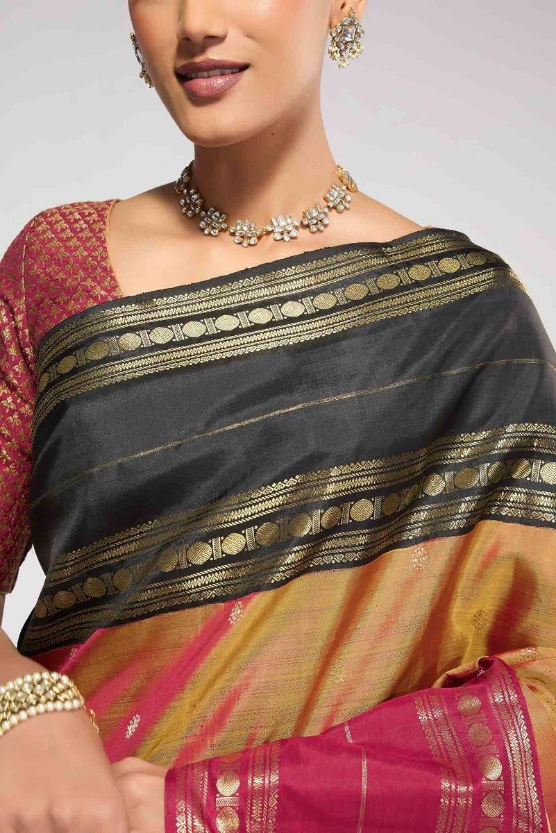 Kamala-Pure Silk Pure Gold Zari Mustard with Red Dual Tone Kanchipuram Saree - Image 12