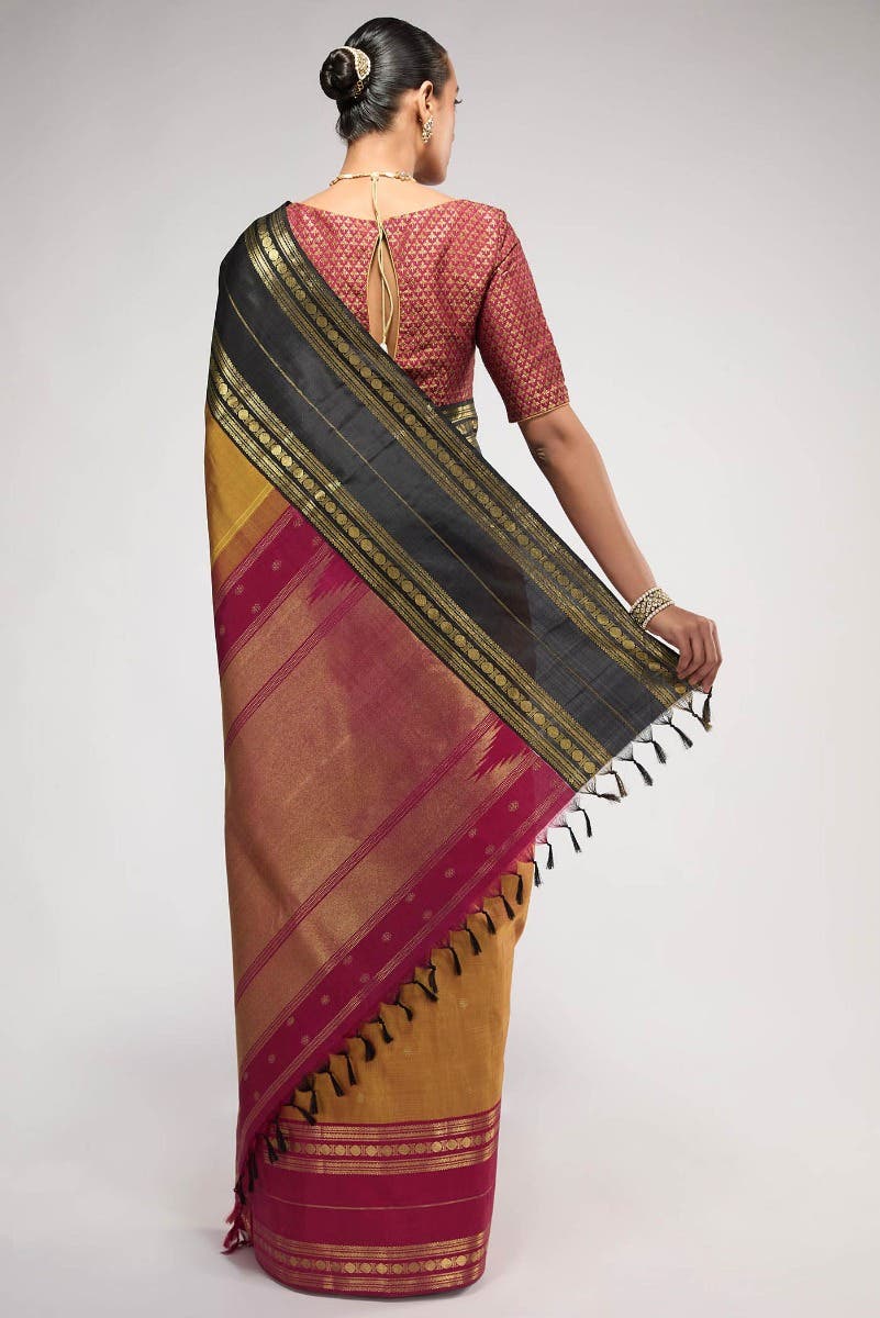 Kamala-Pure Silk Pure Gold Zari Mustard with Red Dual Tone Kanchipuram Saree - Image 13