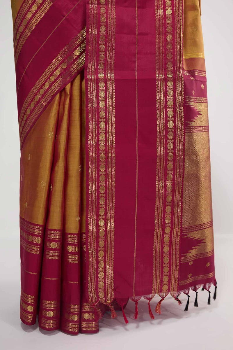 Kamala-Pure Silk Pure Gold Zari Mustard with Red Dual Tone Kanchipuram Saree - Image 14