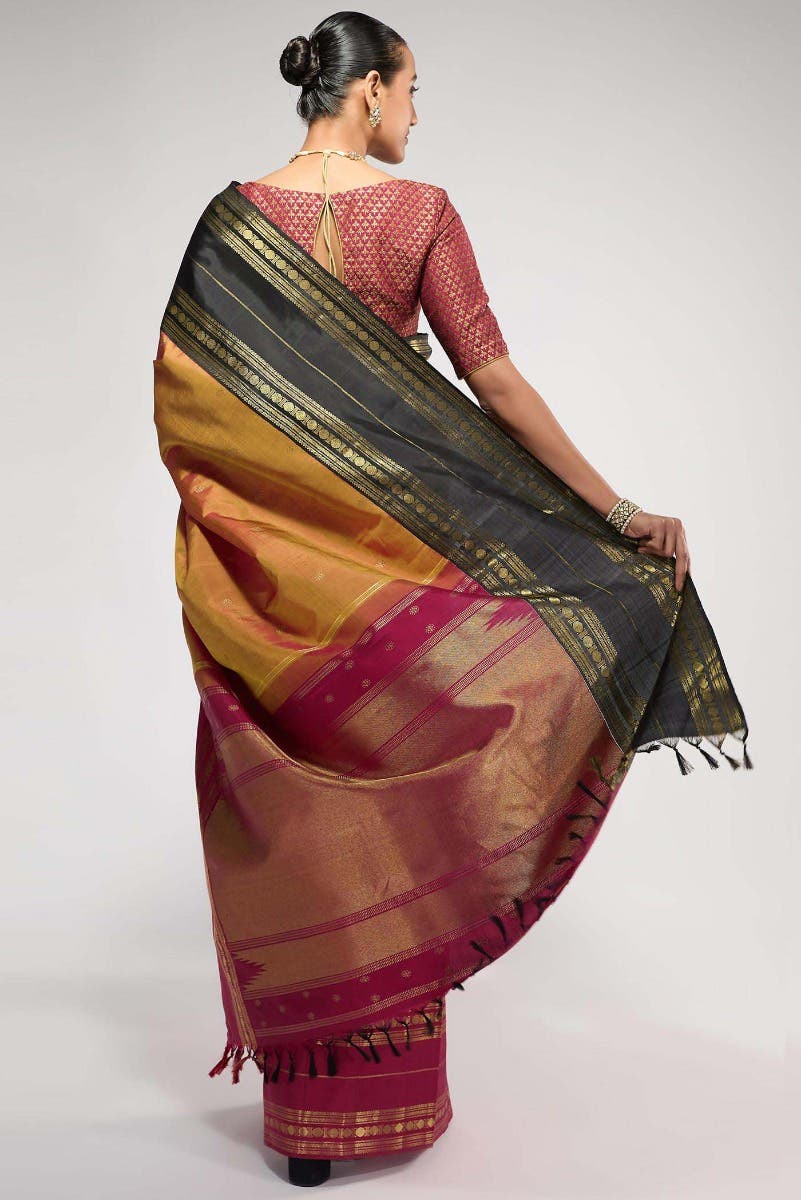 Kamala-Pure Silk Pure Gold Zari Mustard with Red Dual Tone Kanchipuram Saree - Image 15