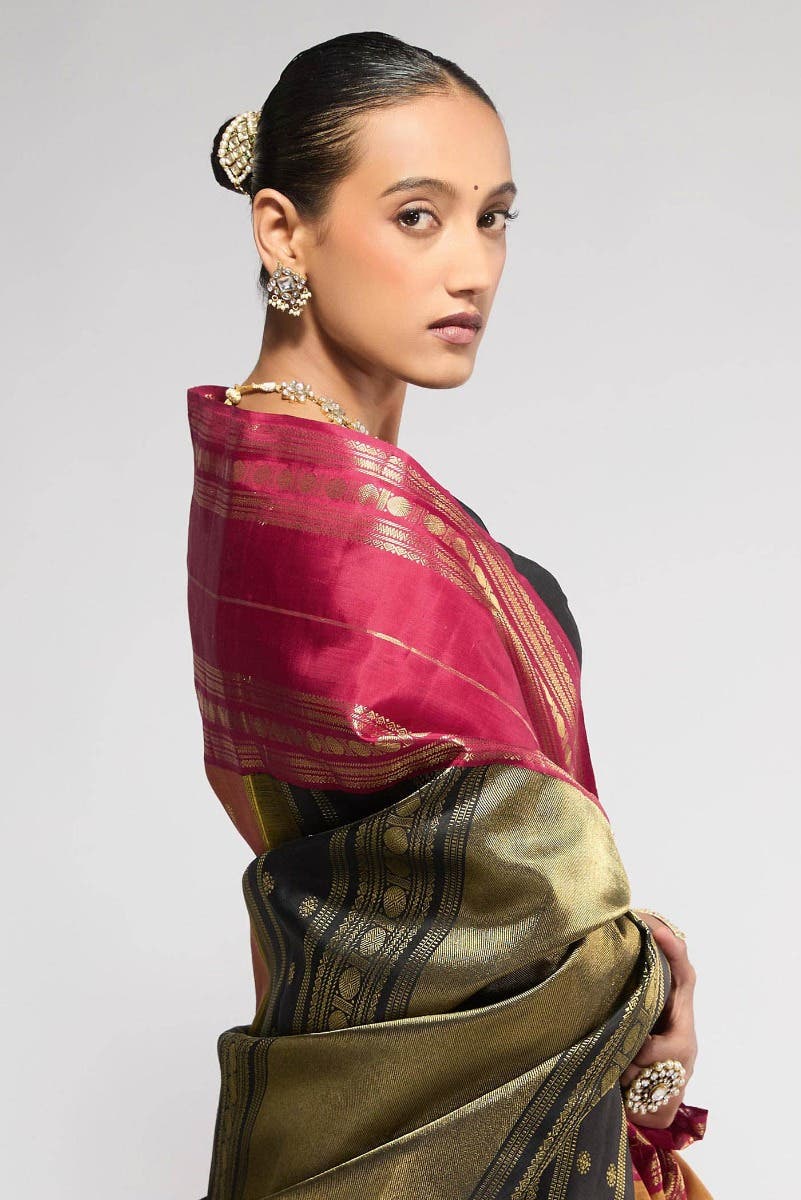 Kamala-Pure Silk Pure Gold Zari Mustard with Red Dual Tone Kanchipuram Saree - Image 3