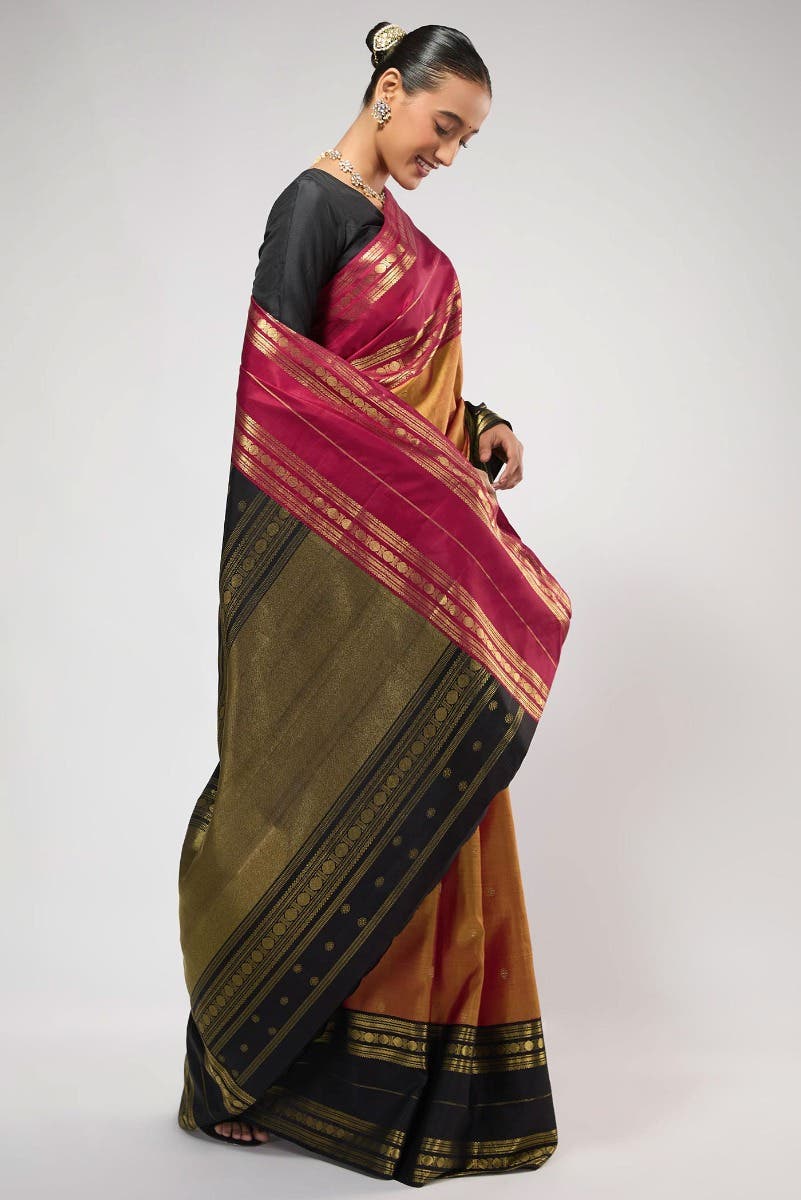 Kamala-Pure Silk Pure Gold Zari Mustard with Red Dual Tone Kanchipuram Saree - Image 4