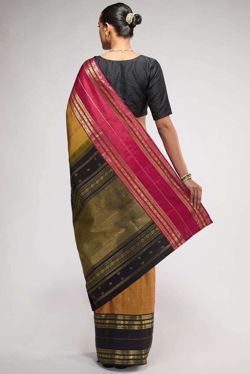 Kamala-Pure Silk Pure Gold Zari Mustard with Red Dual Tone Kanchipuram Saree - Image 6