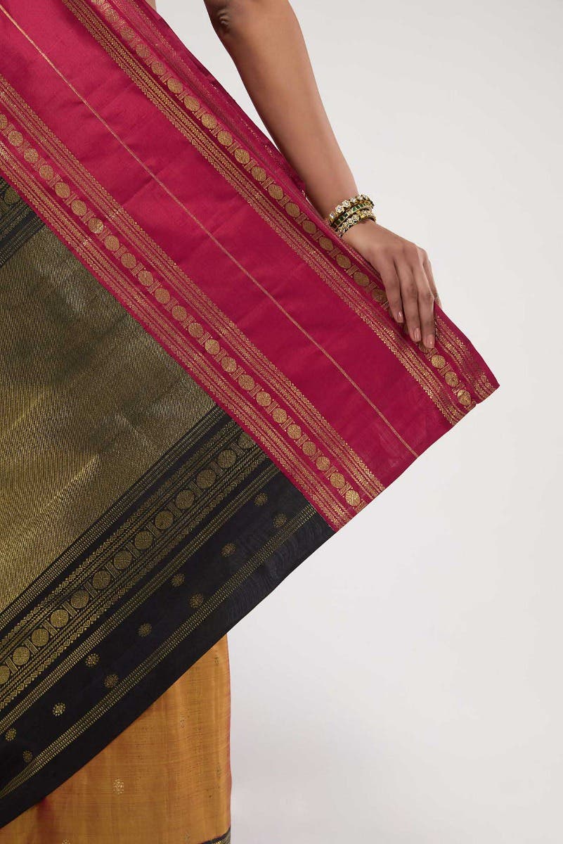Kamala-Pure Silk Pure Gold Zari Mustard with Red Dual Tone Kanchipuram Saree - Image 7
