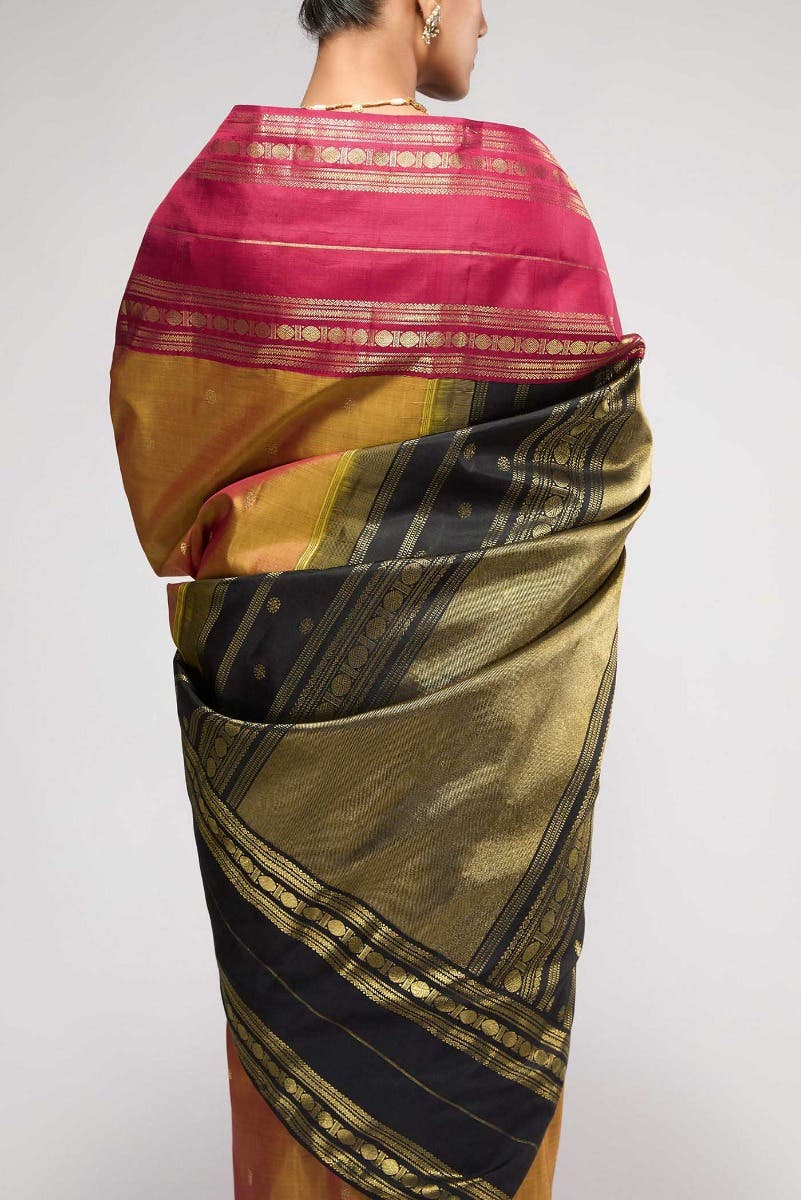 Kamala-Pure Silk Pure Gold Zari Mustard with Red Dual Tone Kanchipuram Saree - Image 8