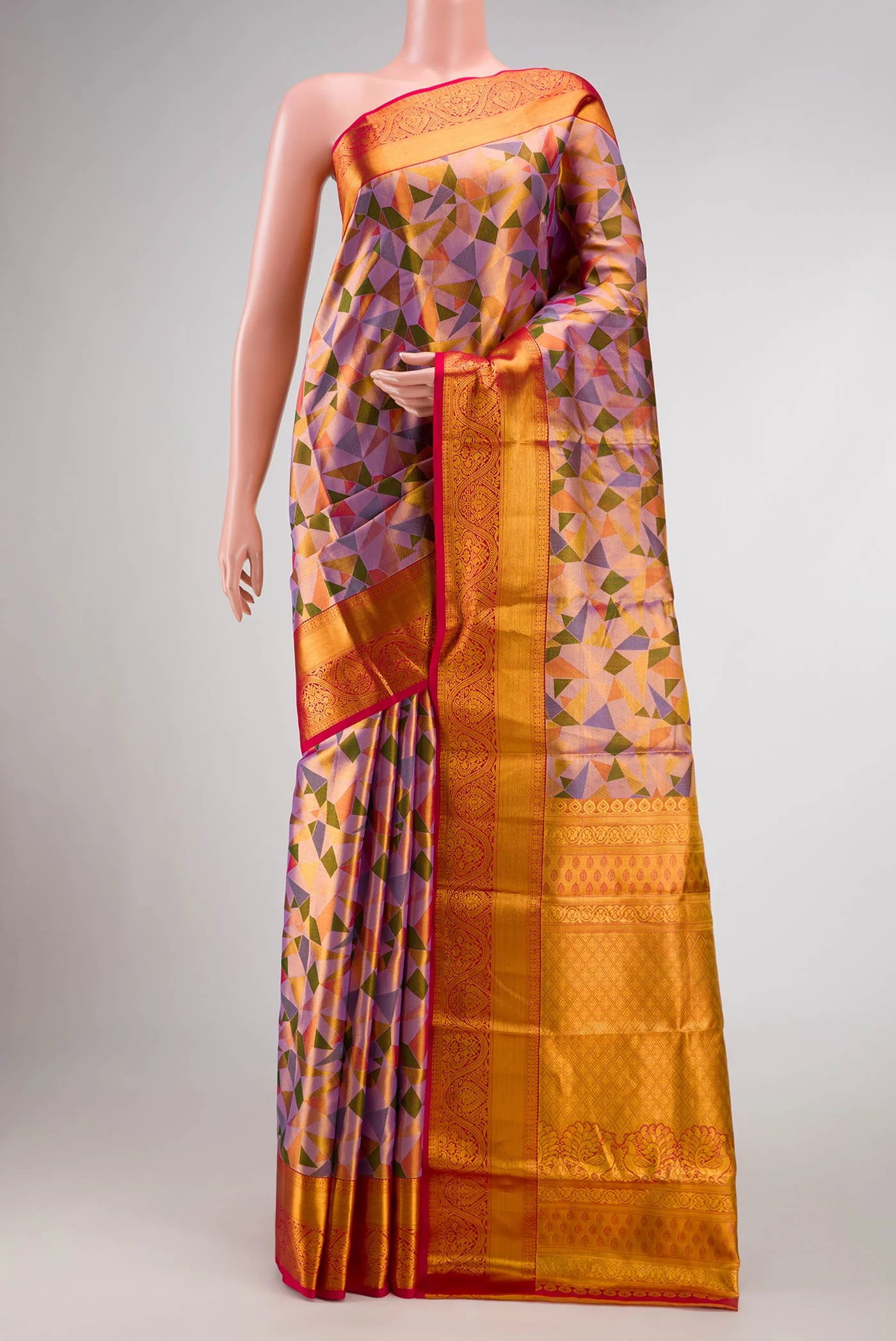Lavender,Green and Pink Color Kanjivaram Tissue Silk Saree