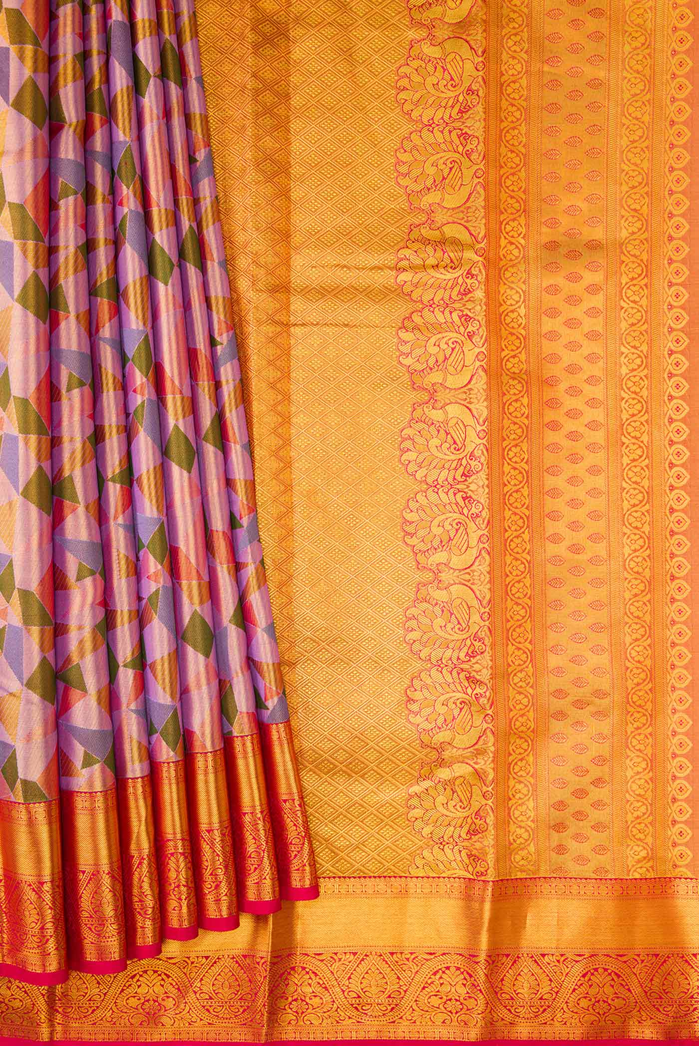 Lavender,Green and Pink Color Kanjivaram Tissue Silk Saree - Image 4
