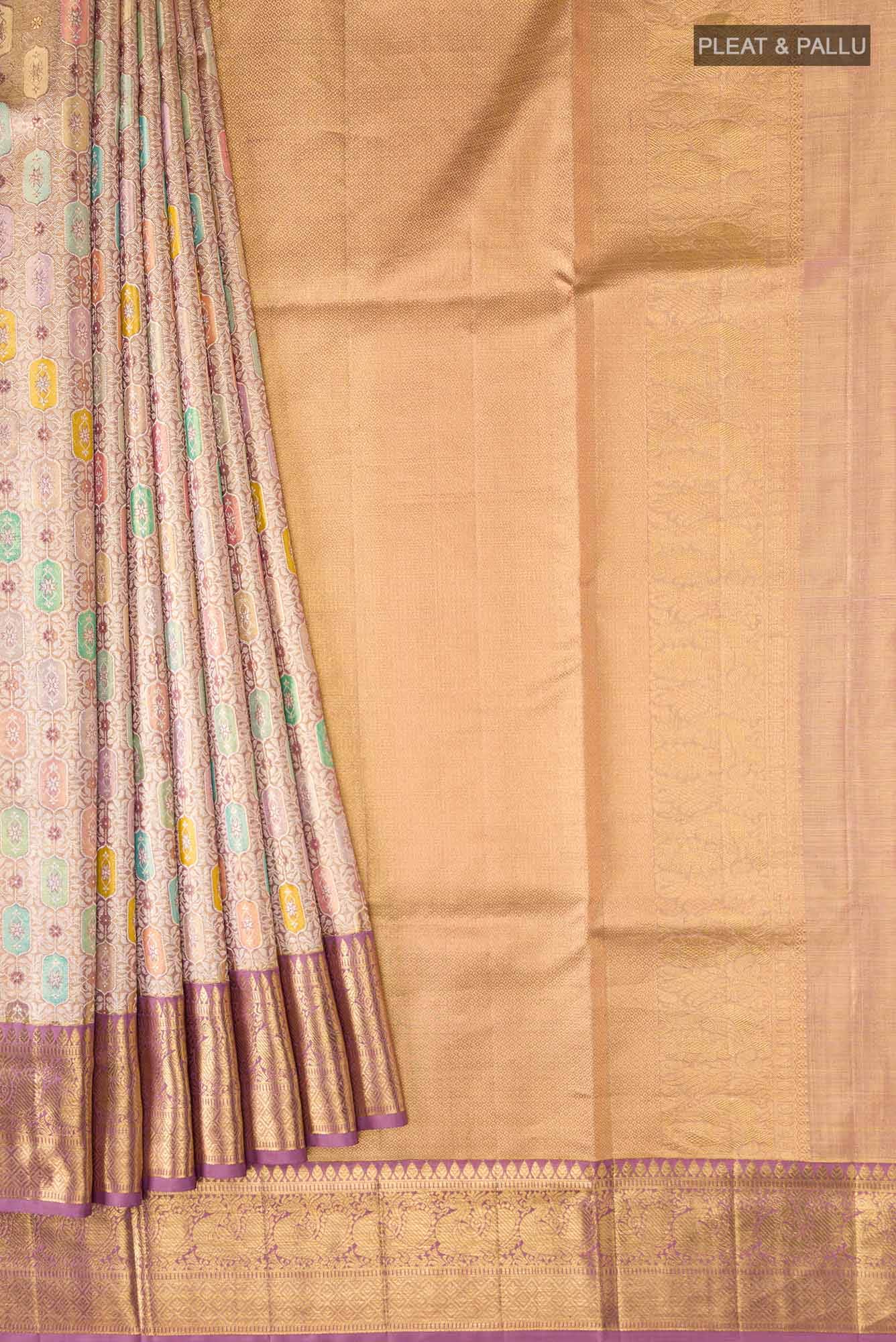Pure Silk Pure Zari Lavender Kanjivaram Tissue Saree - Image 2