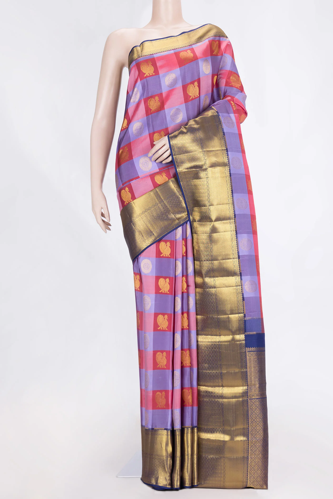 Lavender,Maroon and Pink Color Kanchipuram Saree