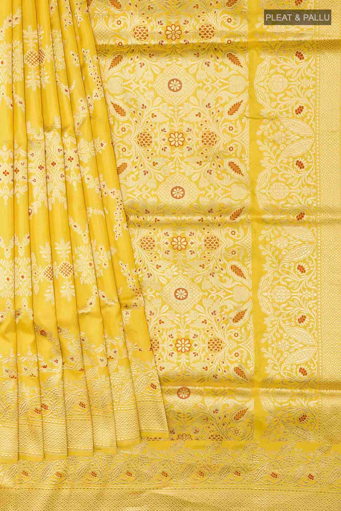 Lemon Yellow Banarasi Silk Saree - Image 4