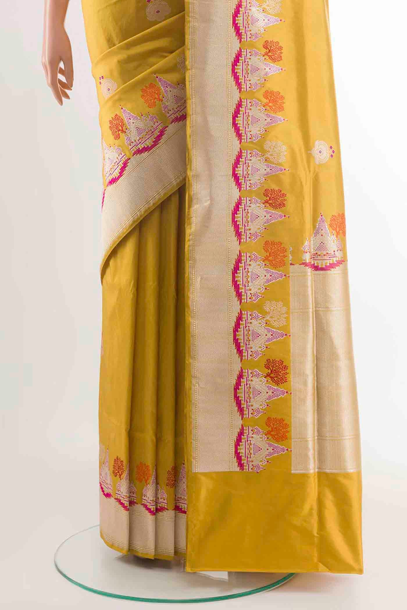 Lemon Yellow Banarasi Silk Saree - Image 3