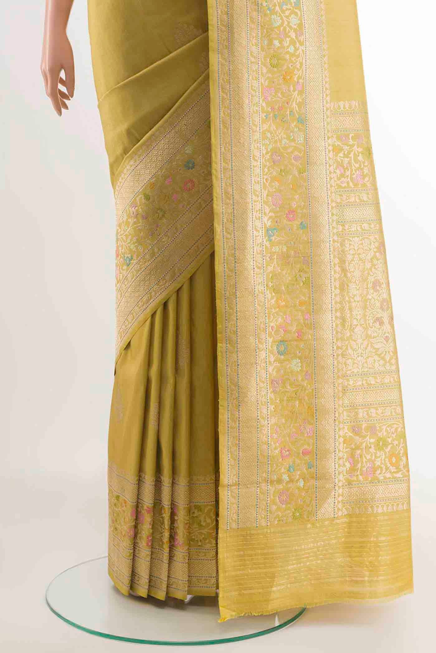 Lemon Yellow Banarasi Silk Saree - Image 3