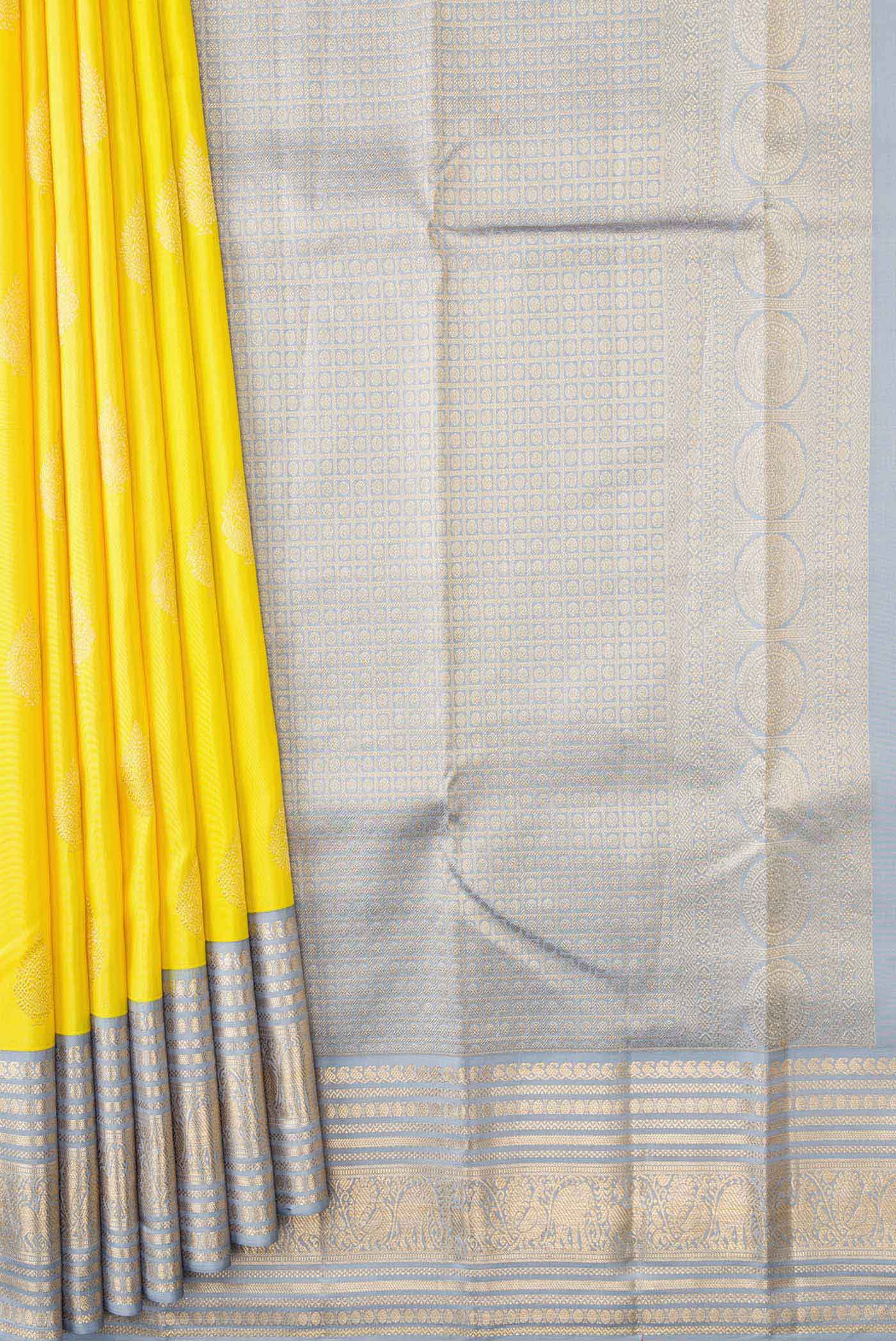 Lemon Yellow Dual Tone Kanchipuram Silk Saree - Image 4