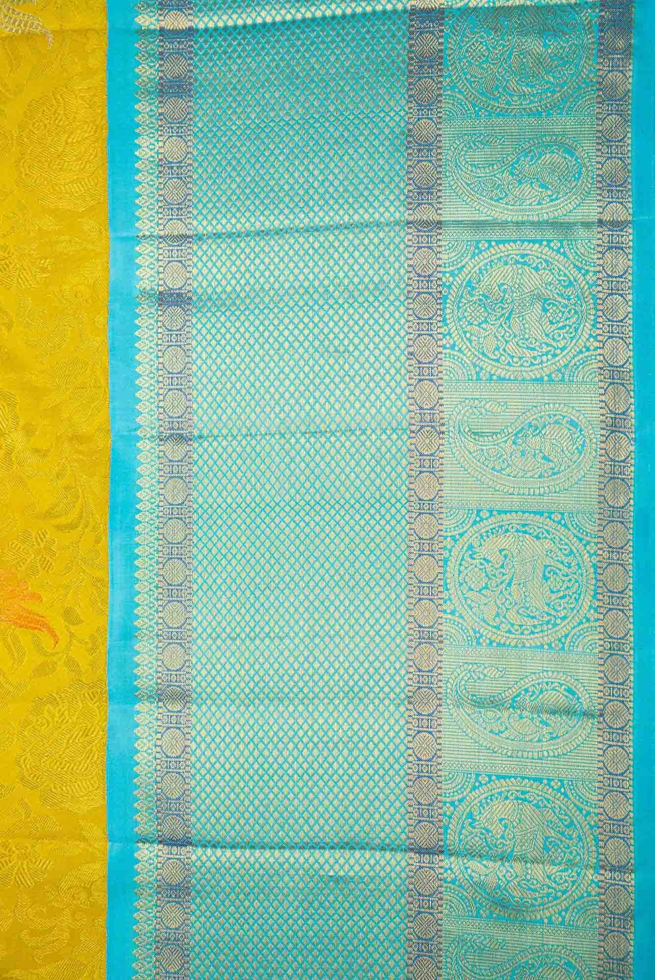 Pure Silk Pure Zari Lemon Yellow Dual Tone Kanjivaram Saree - Image 5