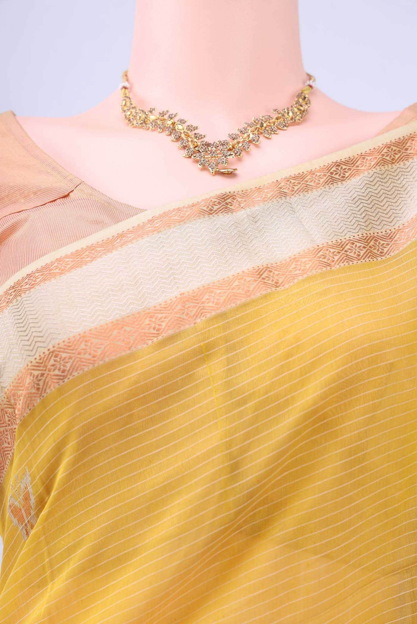 Lemon Yellow Maheshwari Silk Saree - Image 3