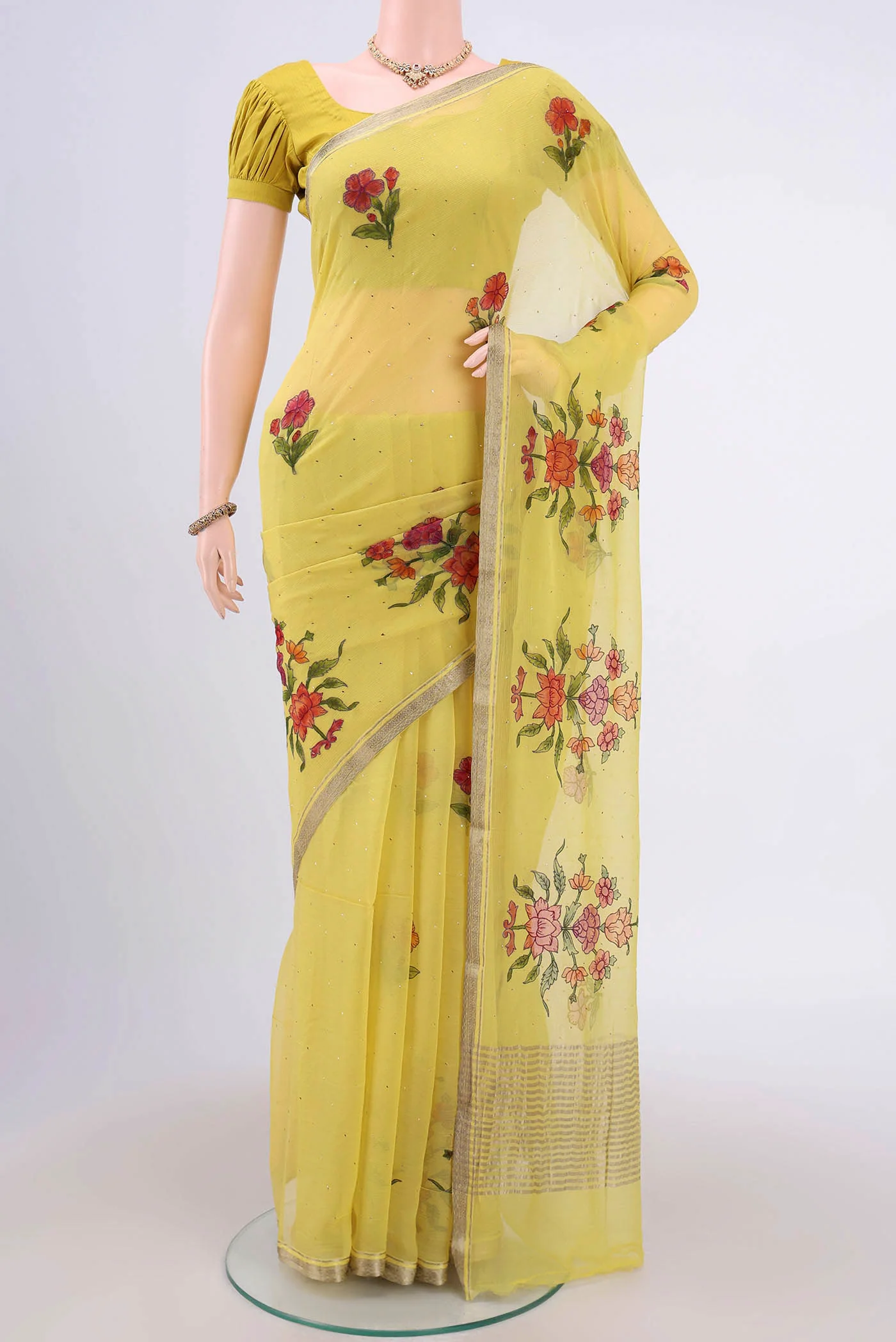 Lemon Yellow Mysore Chiffon Saree