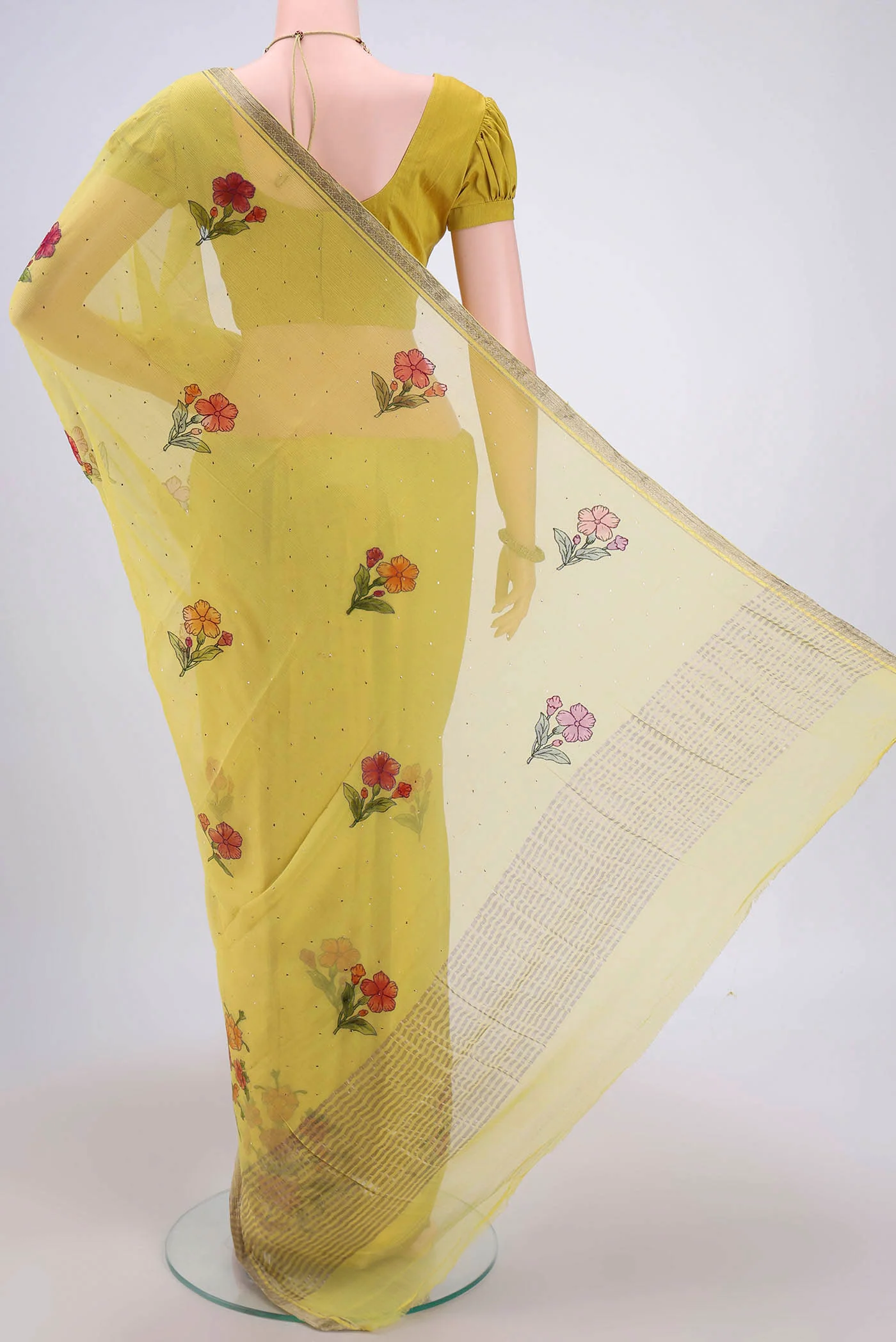 Lemon Yellow Mysore Chiffon Saree - Image 3