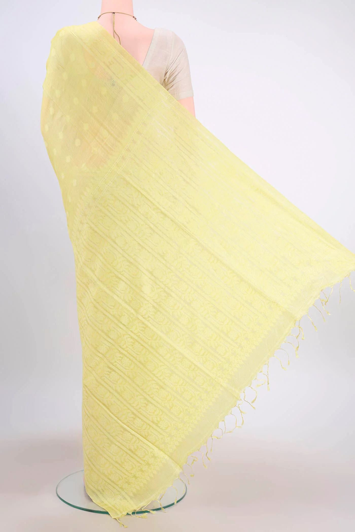 Lemon Yellow Tussar Silk Saree - Image 3