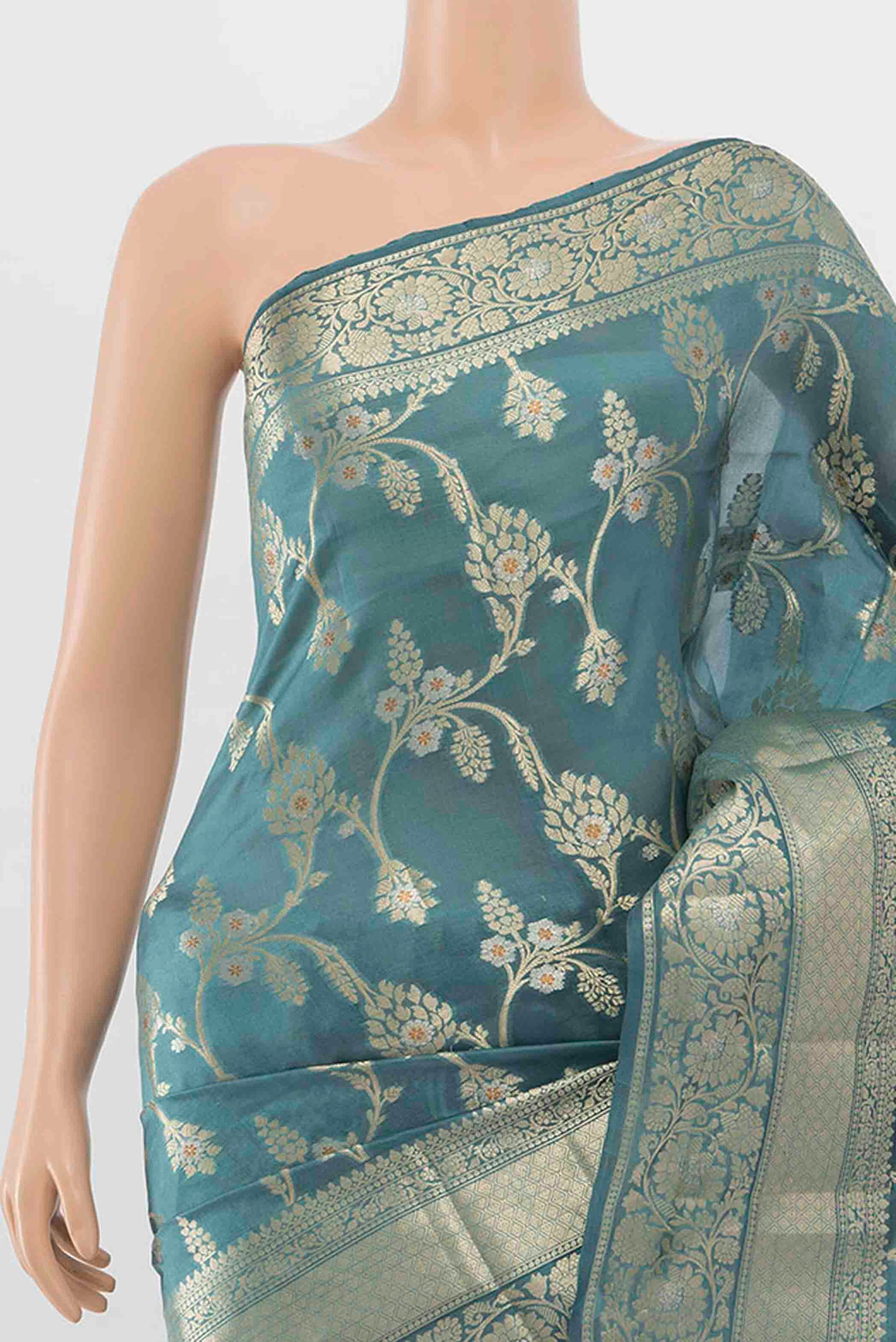 Blue Grey Banarasi Raw Silk Saree - Image 2