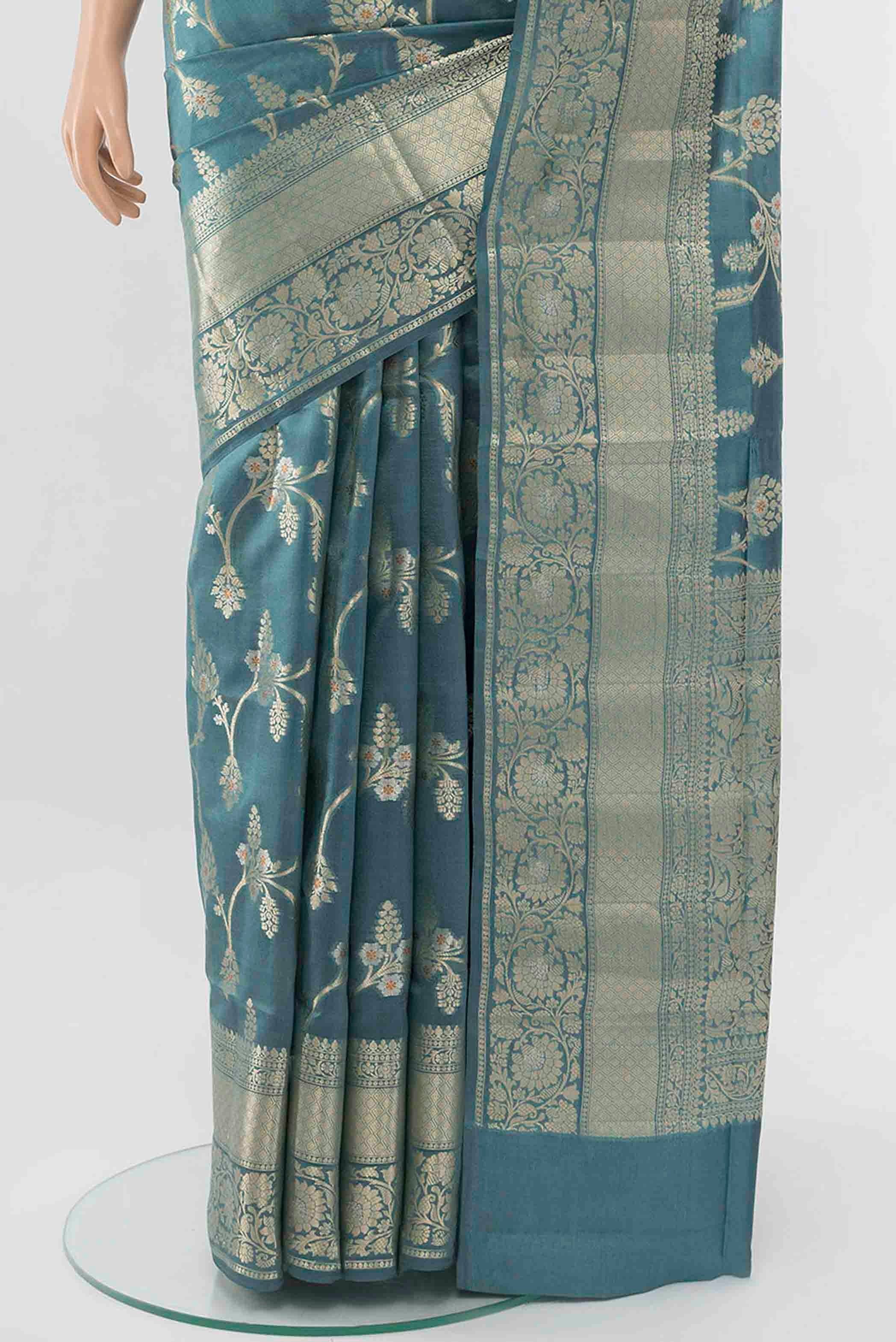 Blue Grey Banarasi Raw Silk Saree - Image 3