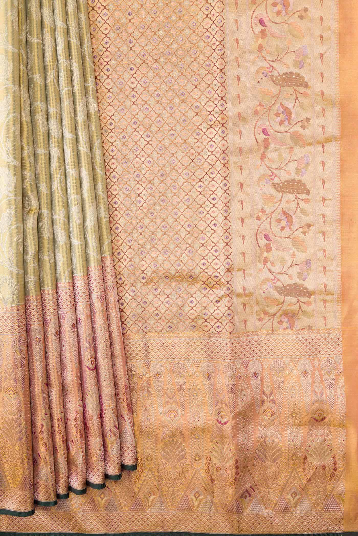 Light Green Dual Tone Kanchipuram Tissue Silk Saree - Image 4