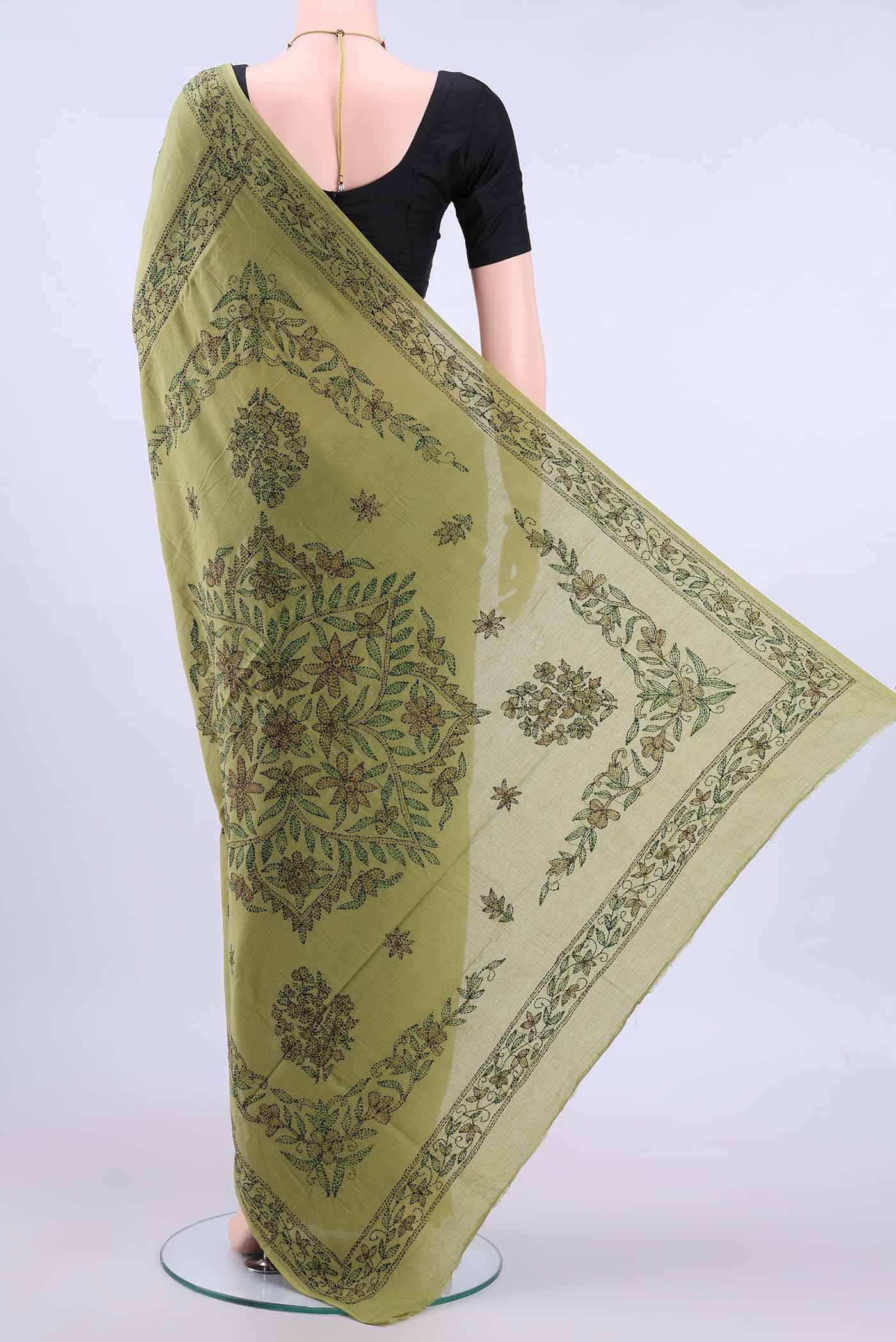 Light Green Kantha Silk Saree - Image 2