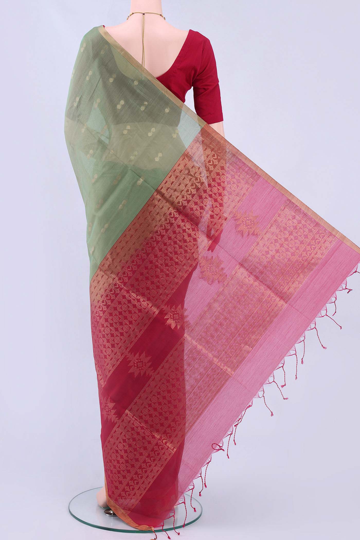Light Green Kora Cotton Saree - Image 3