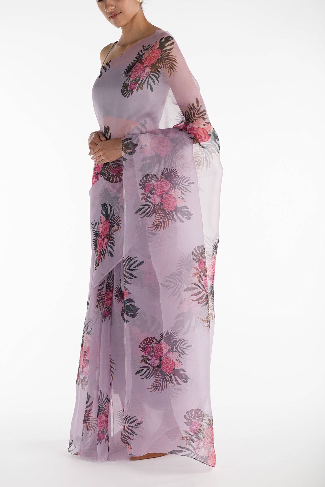 The Flower Bunch Lilac Pure Organza Silk Saree - Image 4