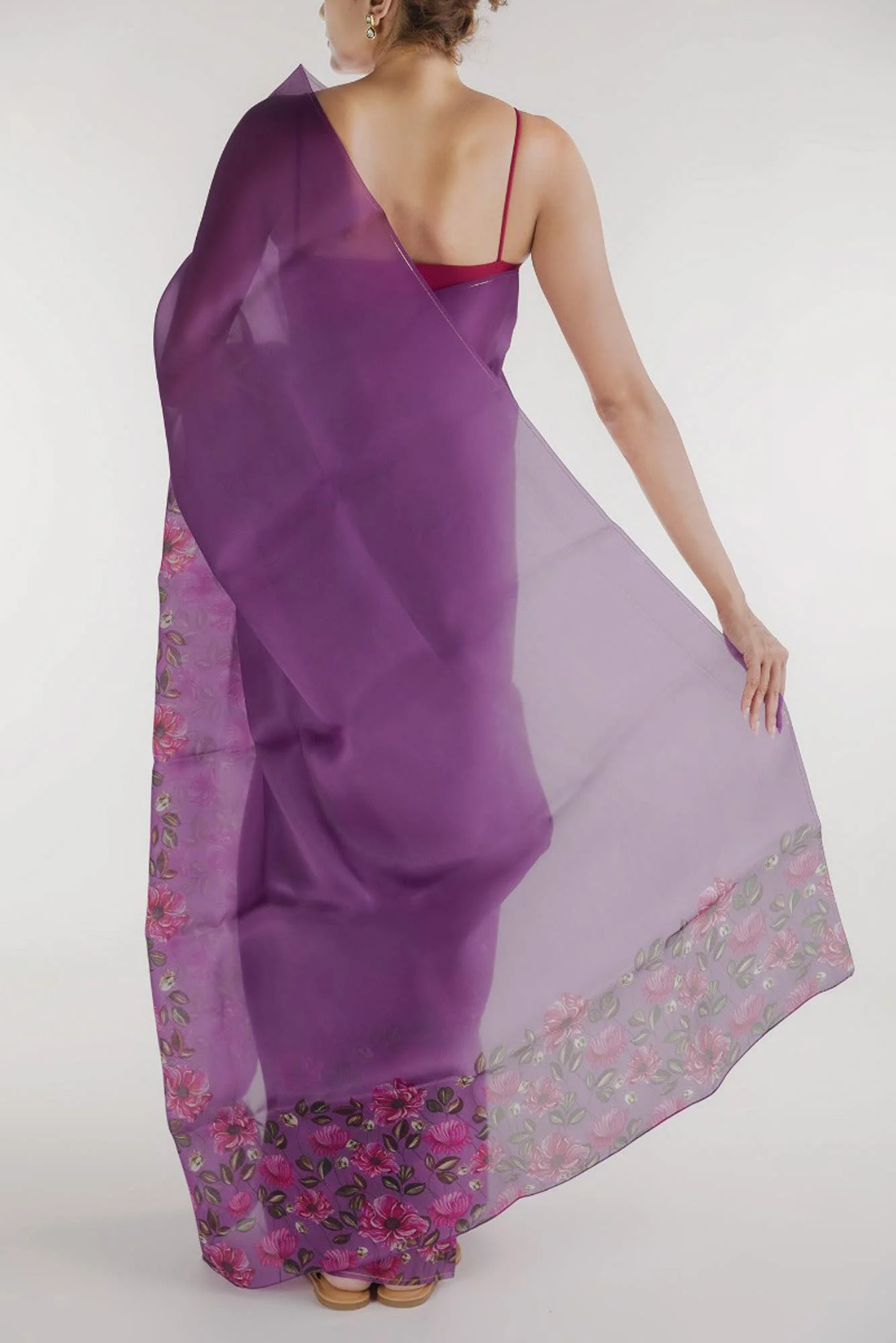 Poppys in Rhythm Lilac Satin Organza Saree - Image 3