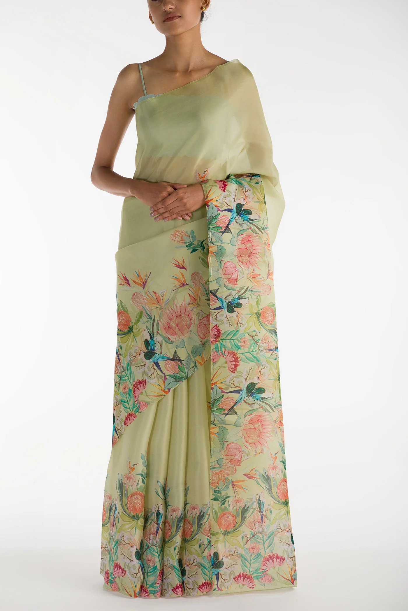 Lovers on the Branch-Pista Green Satin Organza Saree