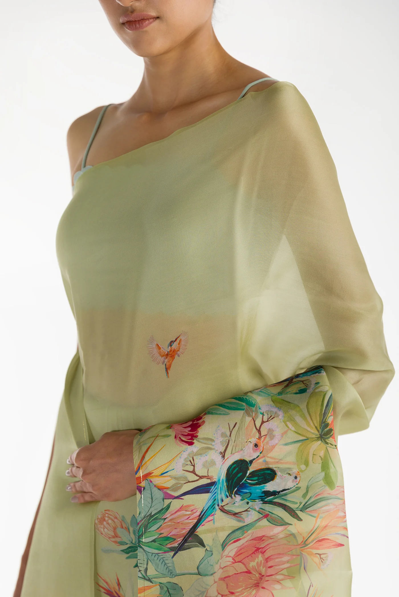 Lovers on the Branch-Pista Green Satin Organza Saree - Image 2