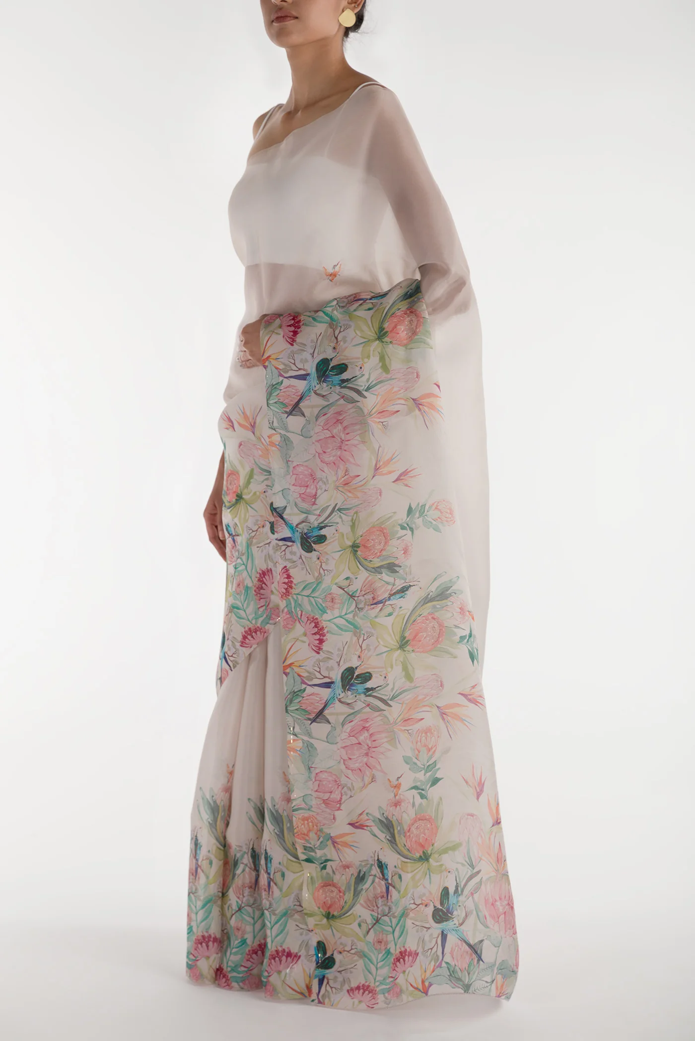 Lovers on the Branch-White Satin Organza Saree - Image 4