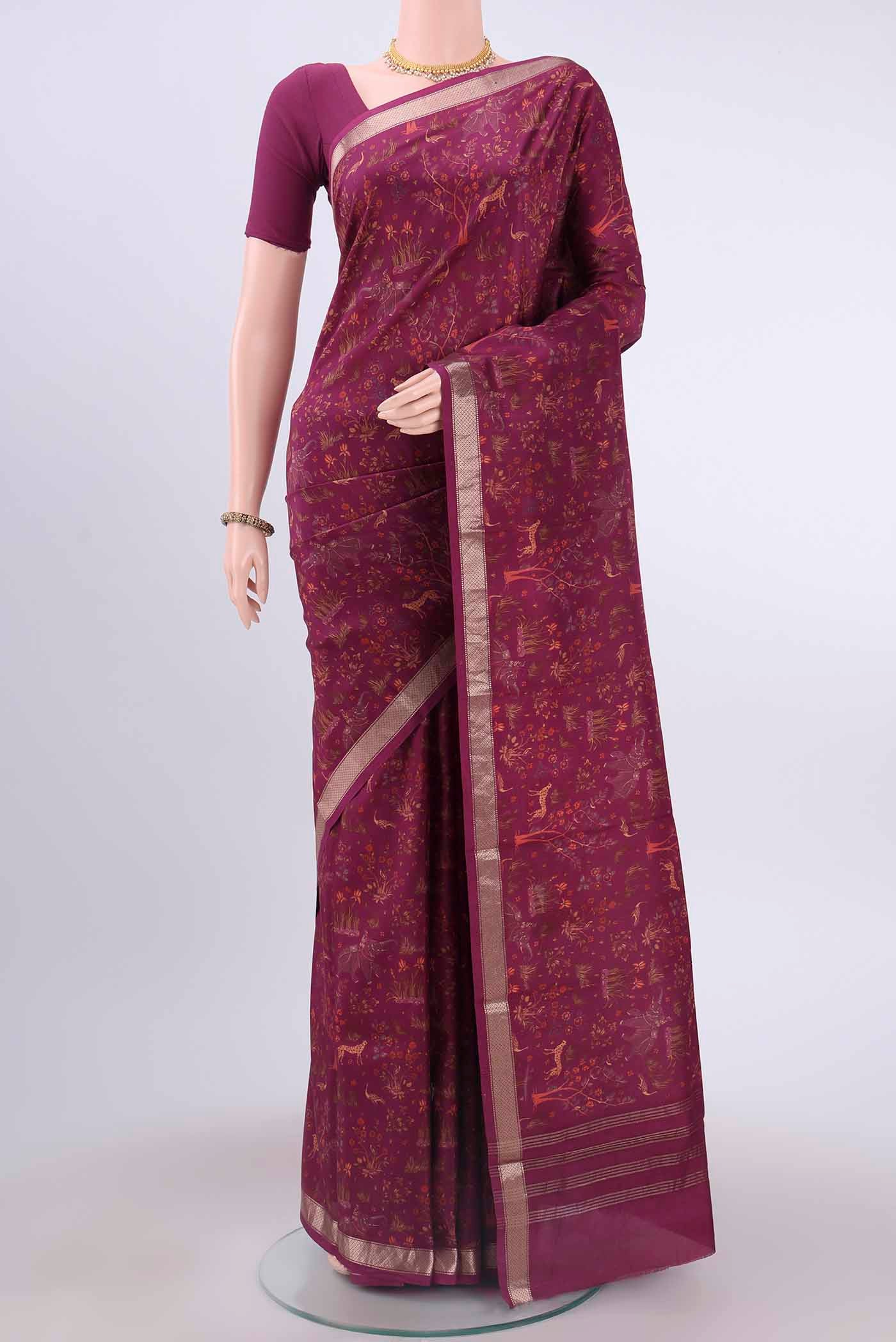 Magenta Printed Silk Saree