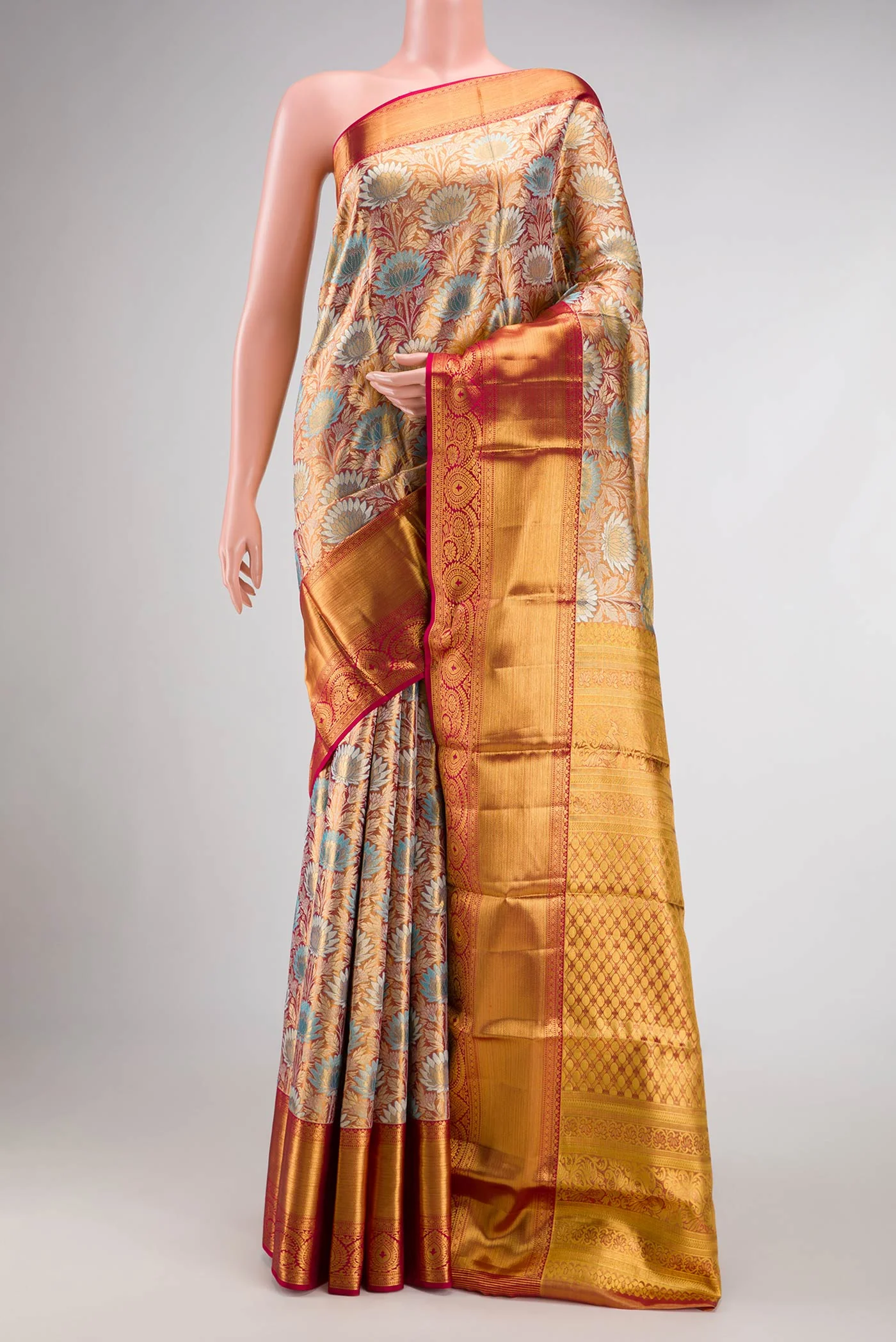 Gold with Pink Color Kanjivaram Tissue Silk Saree