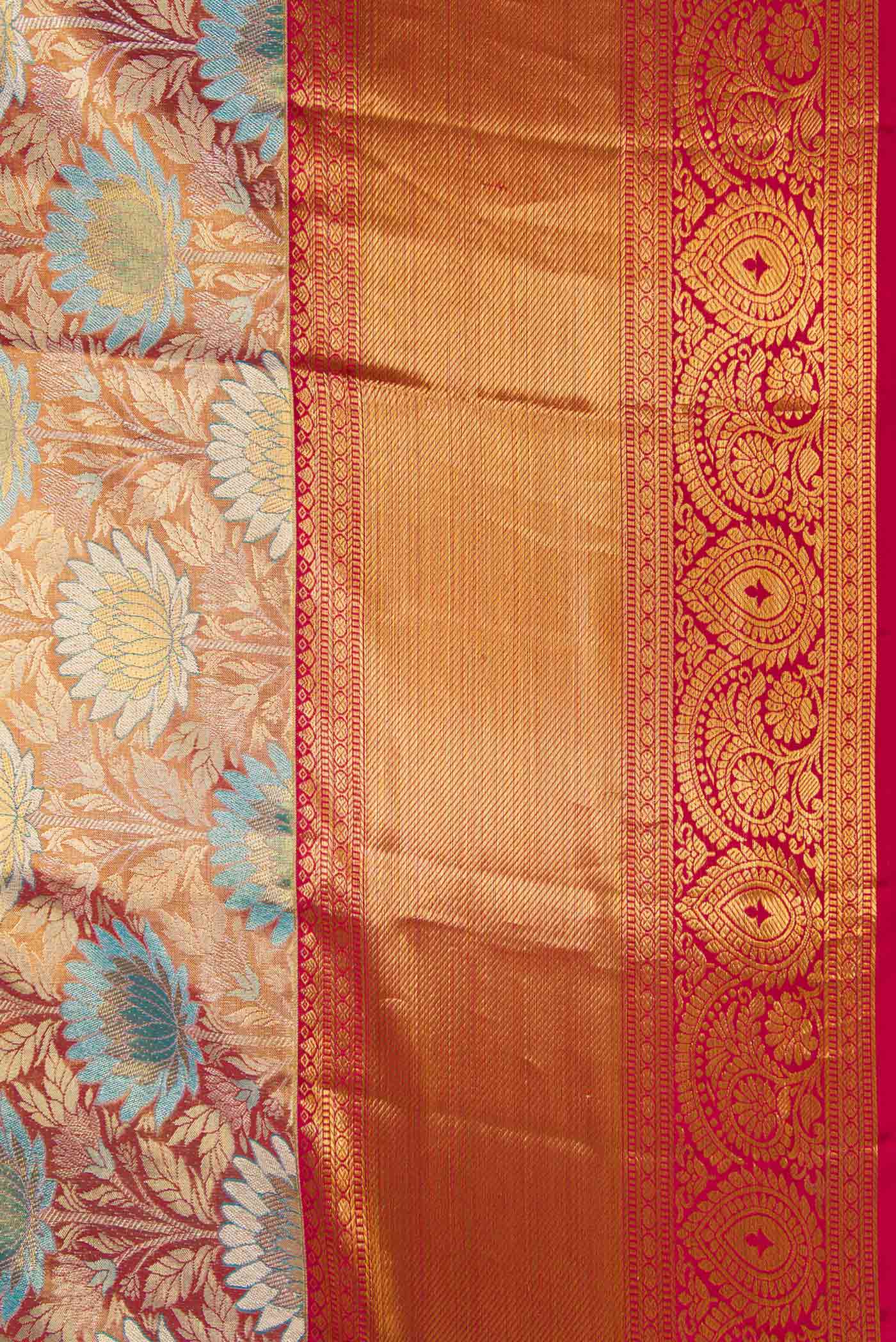 Gold with Pink Color Kanjivaram Tissue Silk Saree - Image 3