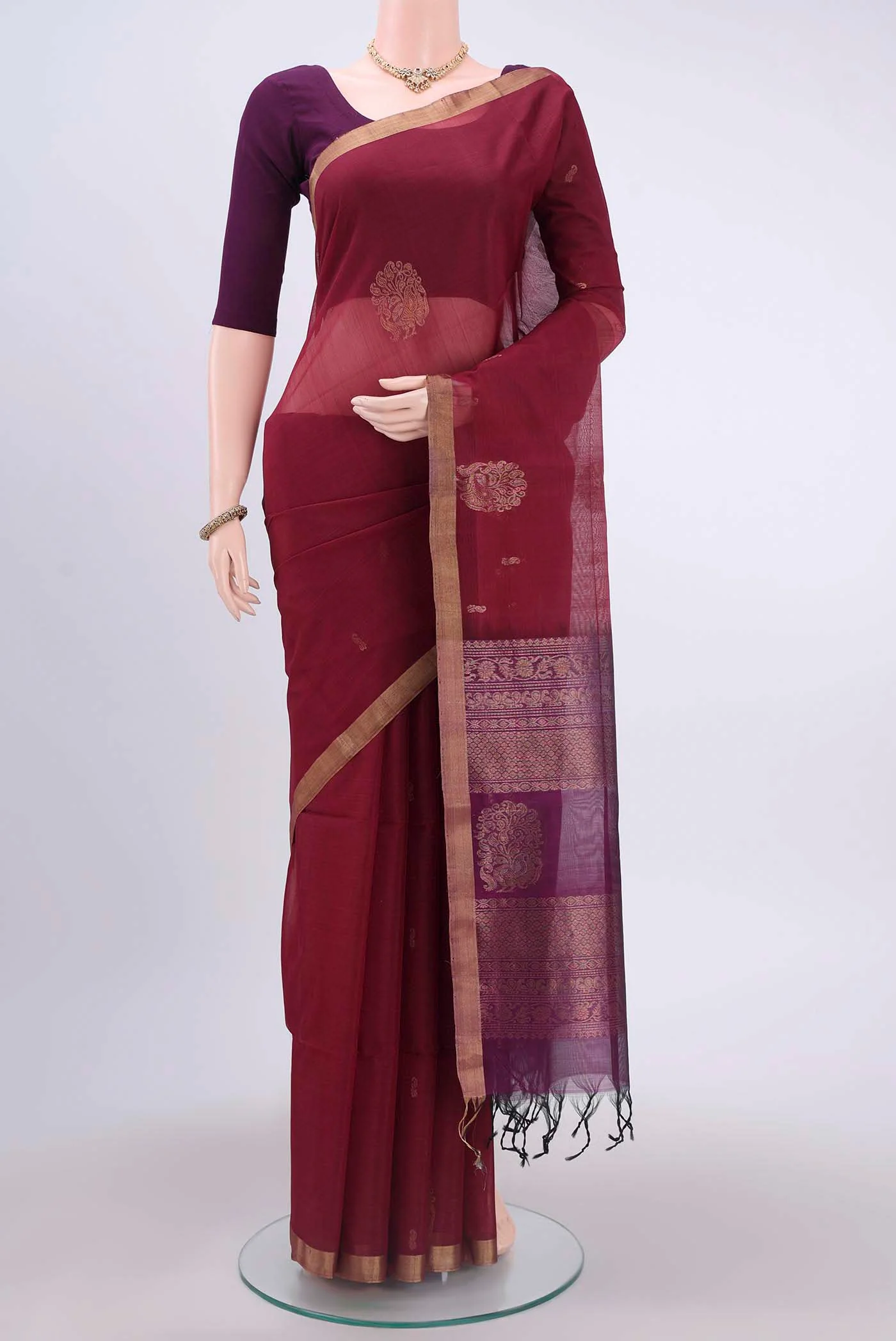 Maroon Kora Cotton Saree