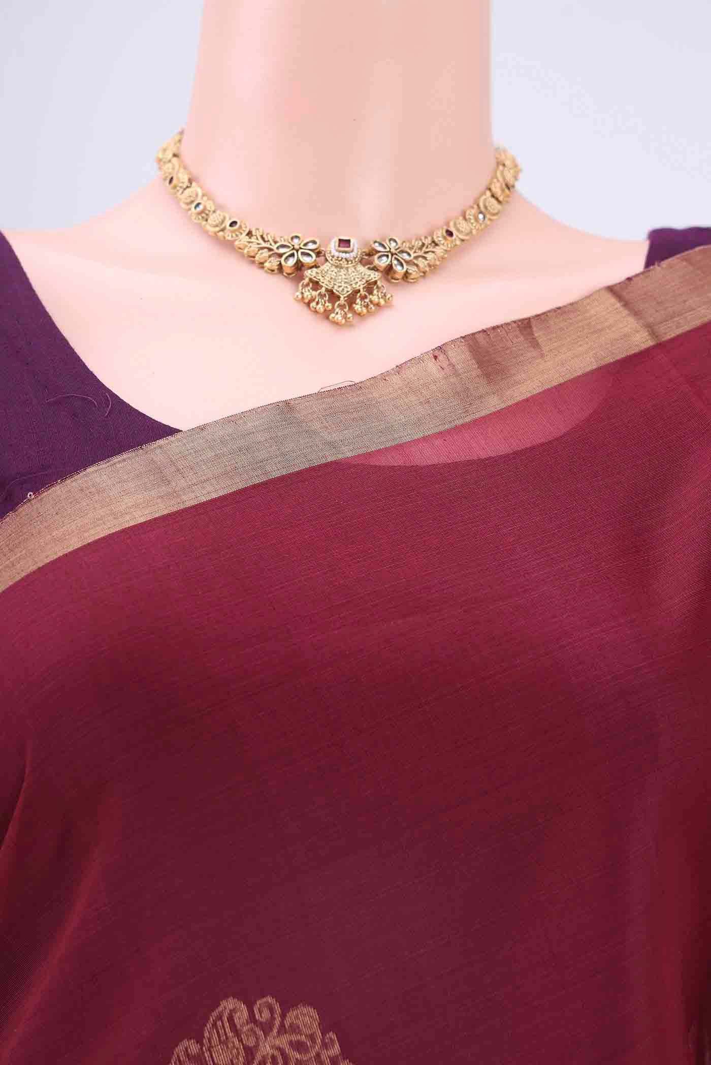 Maroon Kora Cotton Saree - Image 2