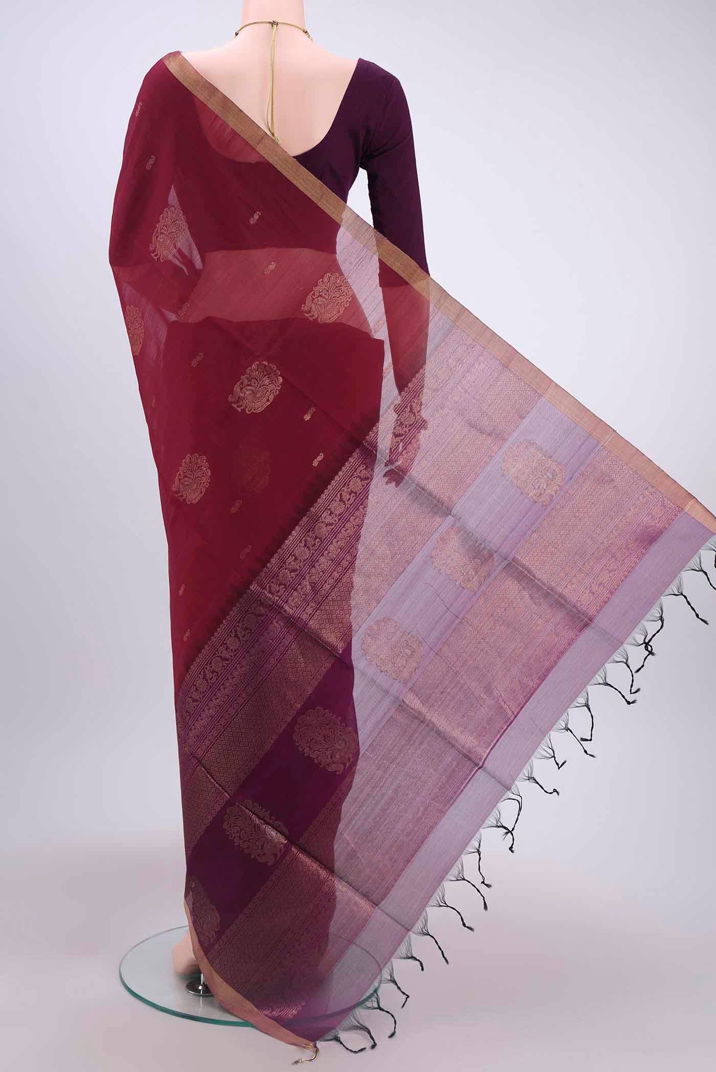 Maroon Kora Cotton Saree - Image 3