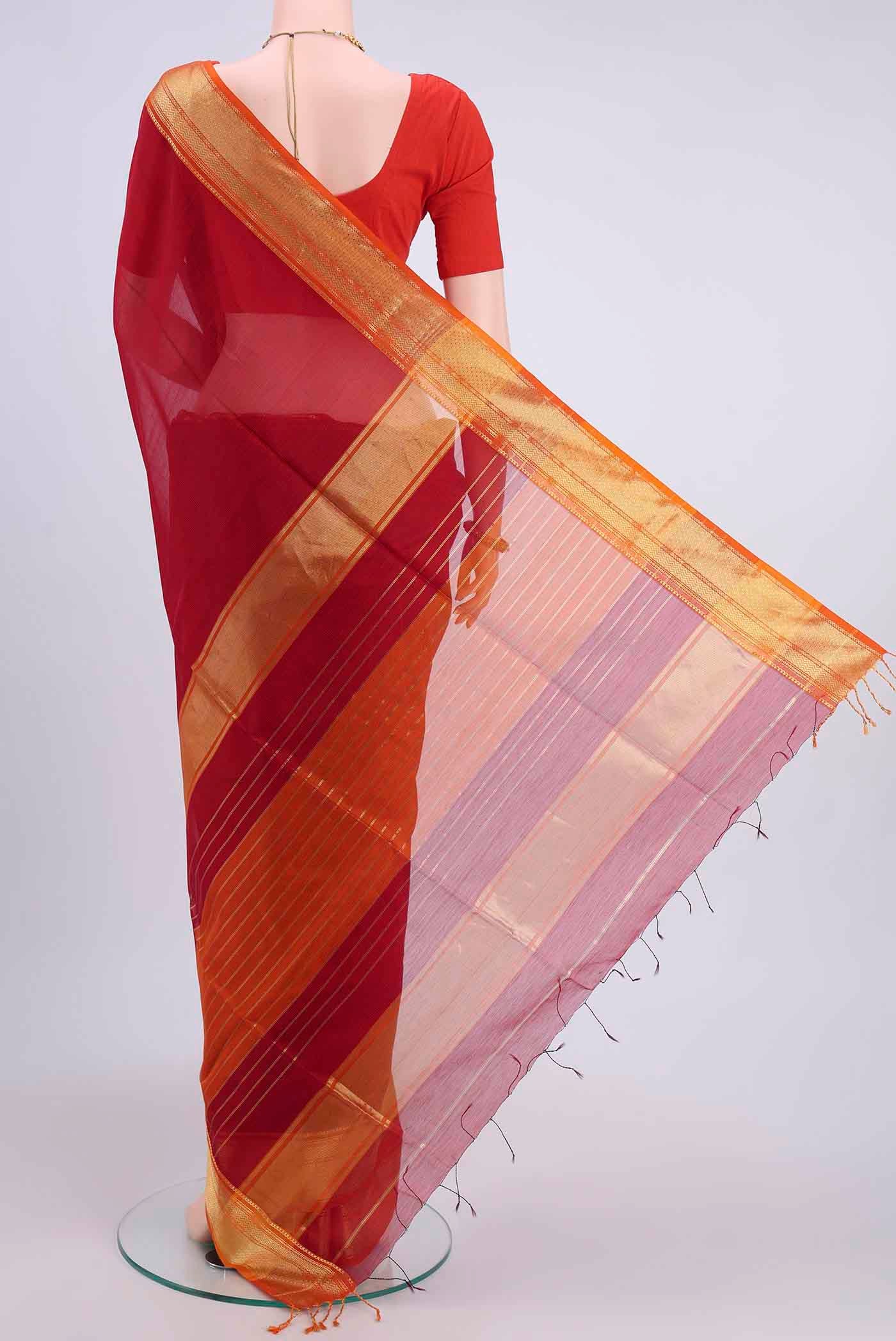 Maroon Maheshwari Silk Cotton Saree - Image 3